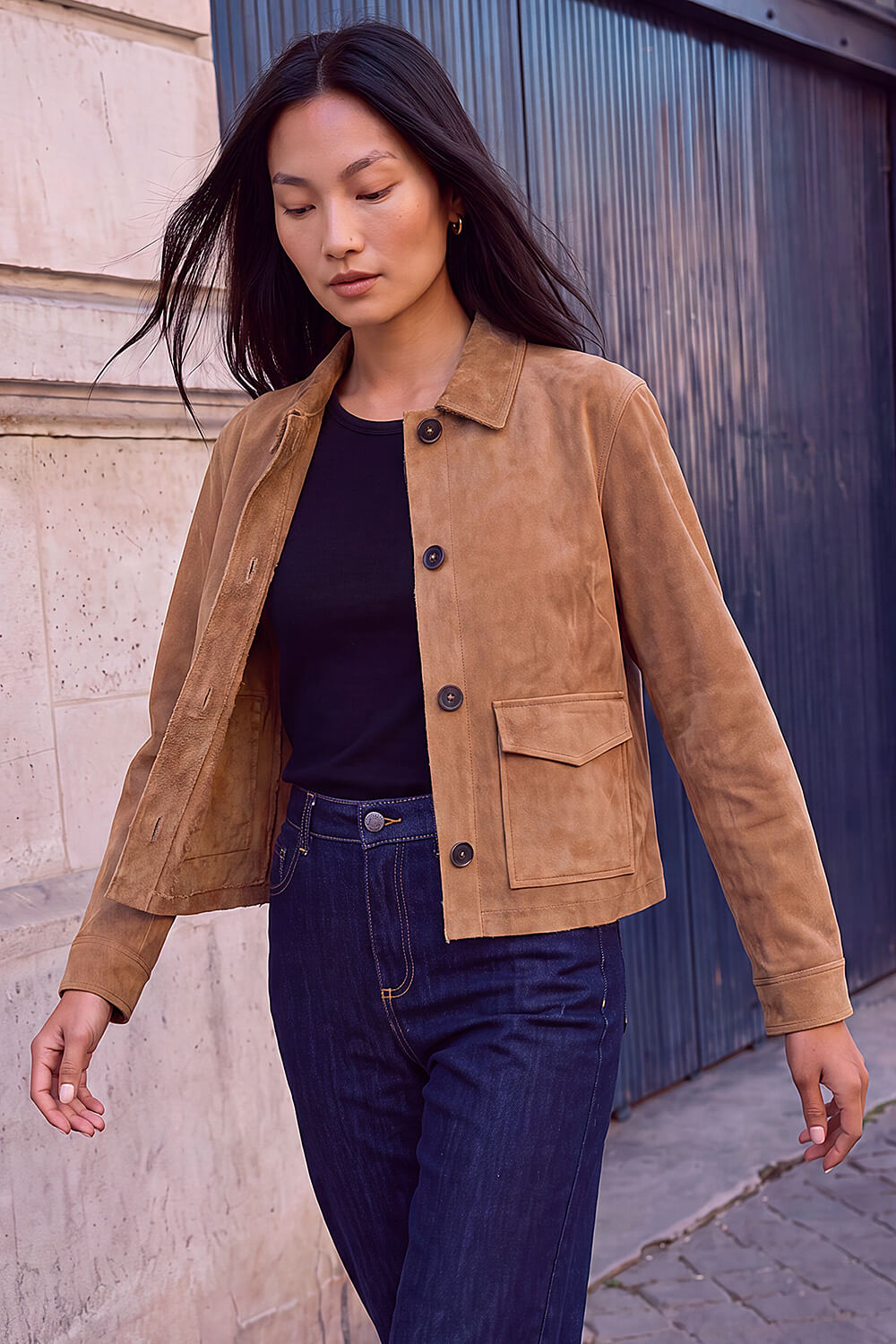 Roman Women's Stone Faux Suede Pocket Jacket Size 14