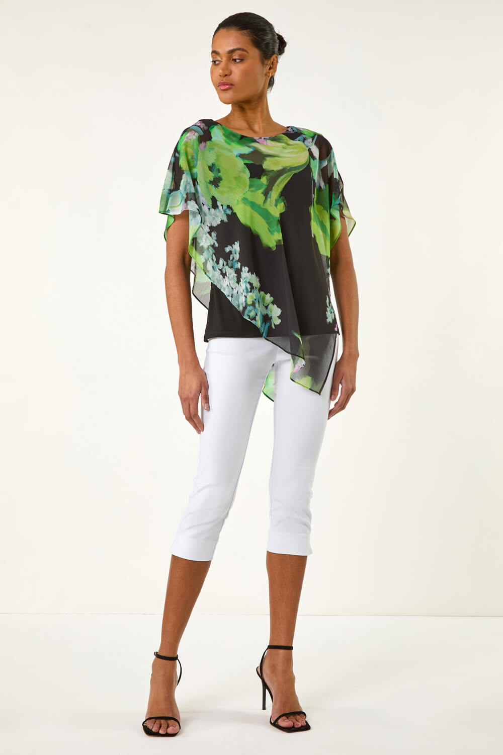 Green Floral Print Asymmetric Overlay Top, Image 3 of 5