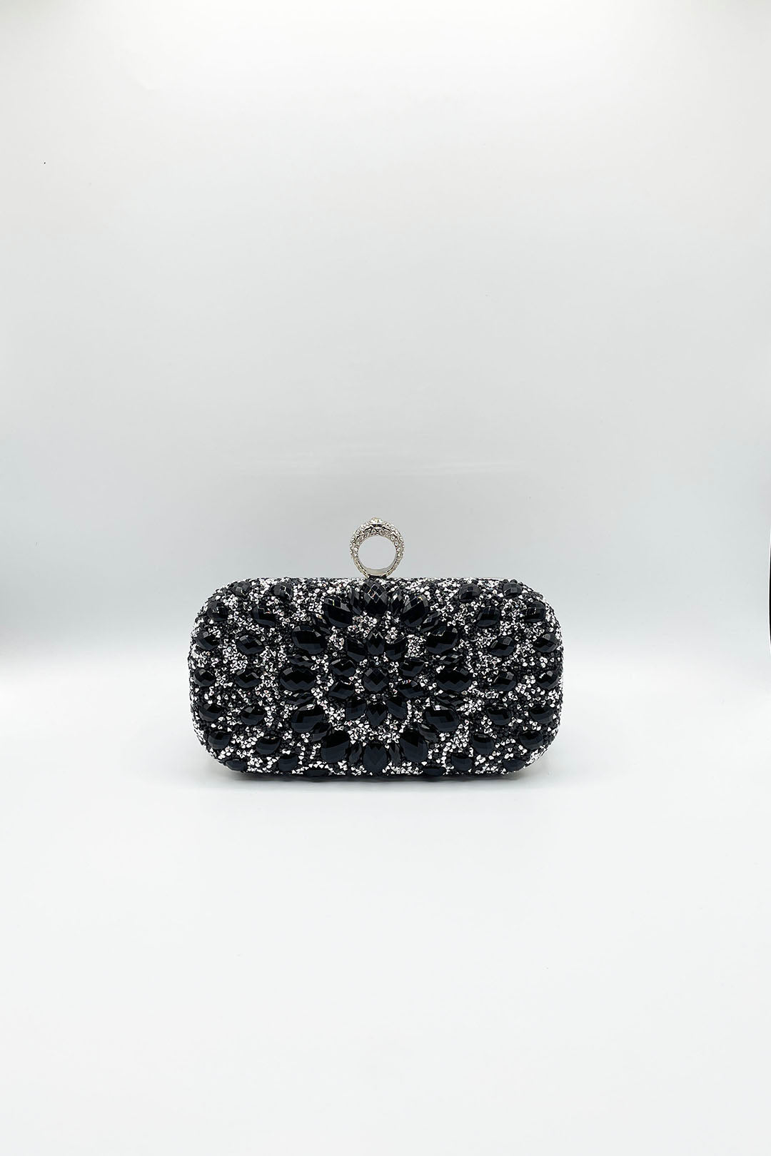 Black Rhinestone Ring Clasp Clutch Bag, Image 2 of 5