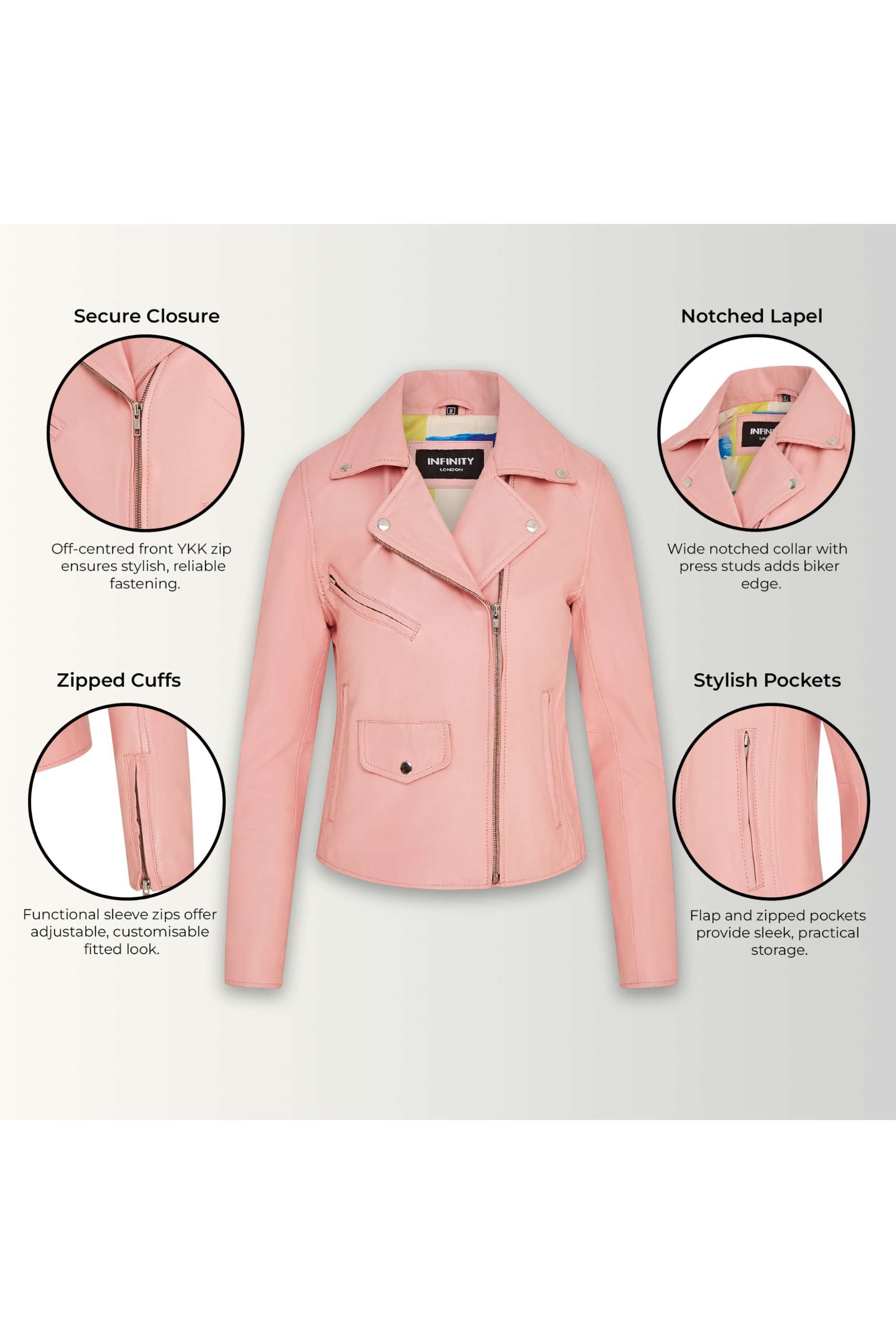 Light Pink Infinity Leather Light Pink Classic Brando Biker Leather Jacket, Image 3 of 8