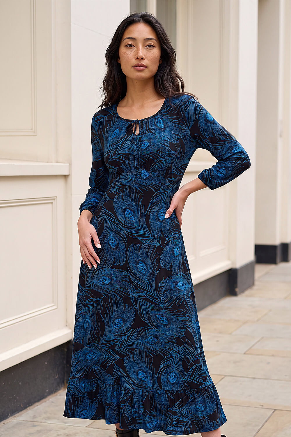 blue feather print dress Petite Keyhole Midi Long Lace Short Sleeve