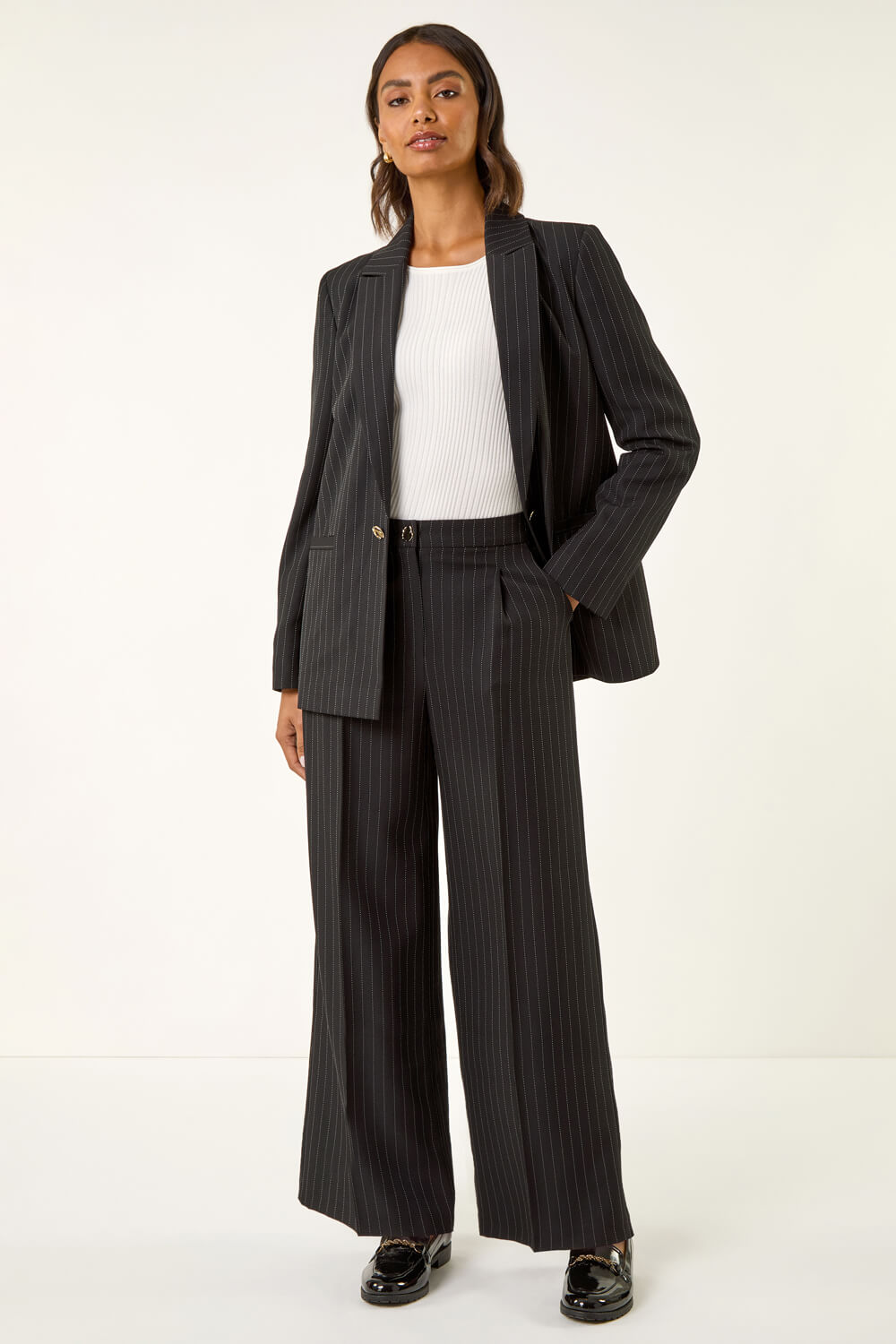 Black Pinstripe Wide Leg Trousers, Image 4 of 7