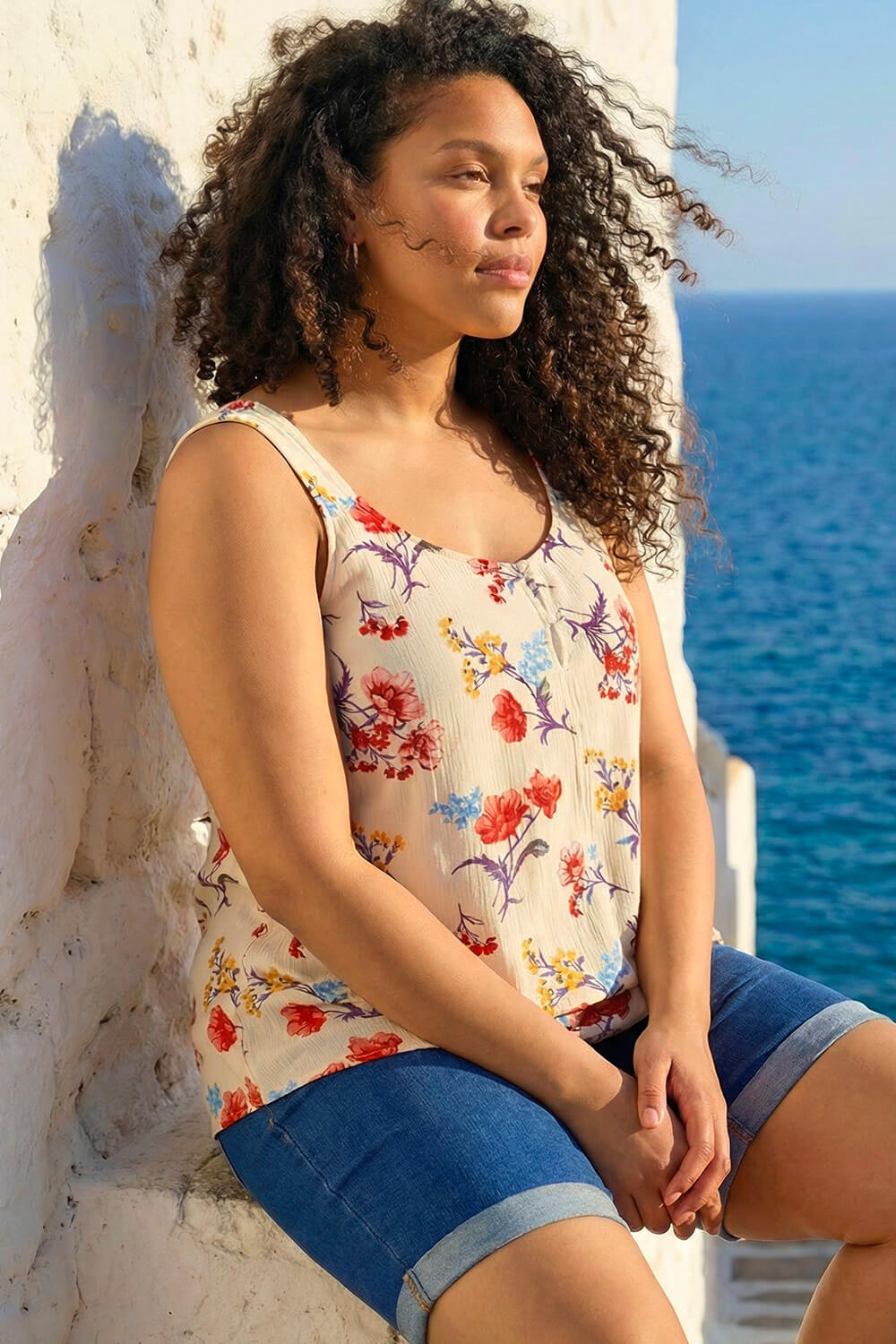 Beige Curve Ditsy Floral V-Neck Top, Image 5 of 4