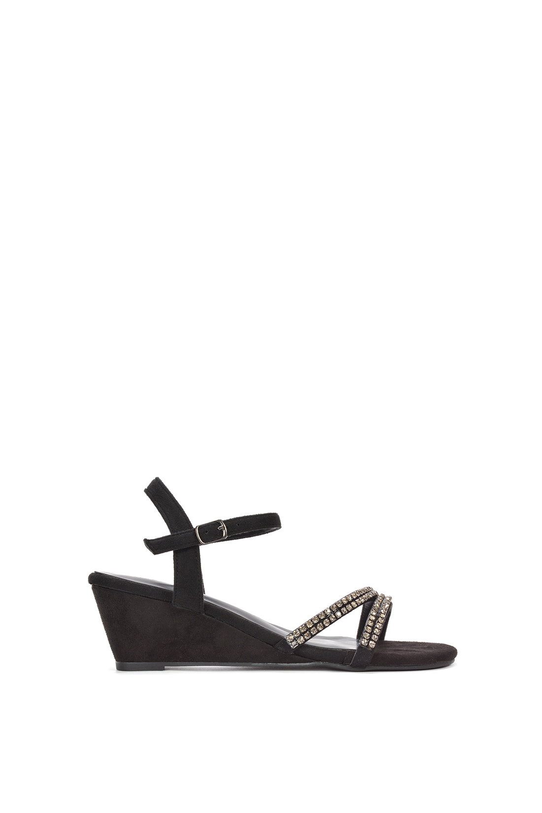Black 'Sammy' Diamante Mid Heel Strappy Wedge Sandals