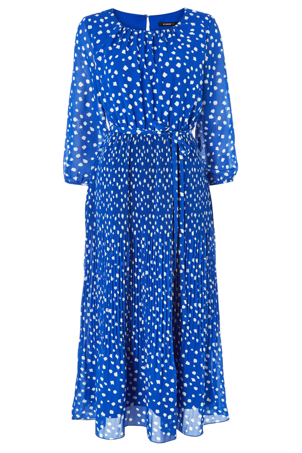 Royal Blue Spot Print Pleated Midi Dress, Image 7 of 6