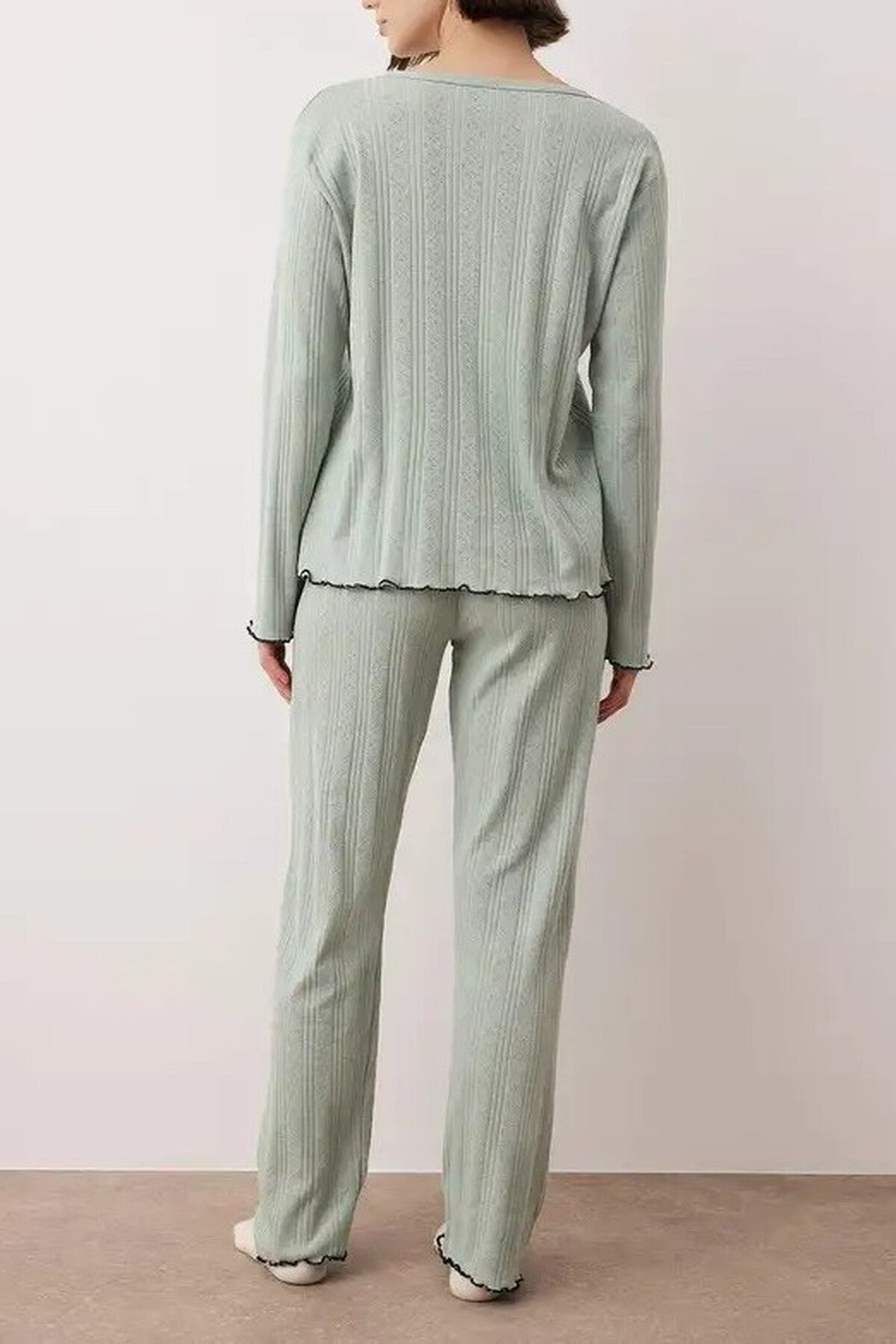 Mint WOVCOR Mint Button Through Pointelle Ribbed Long Sleeve Knit Pyjama Set, Image 2 of 3