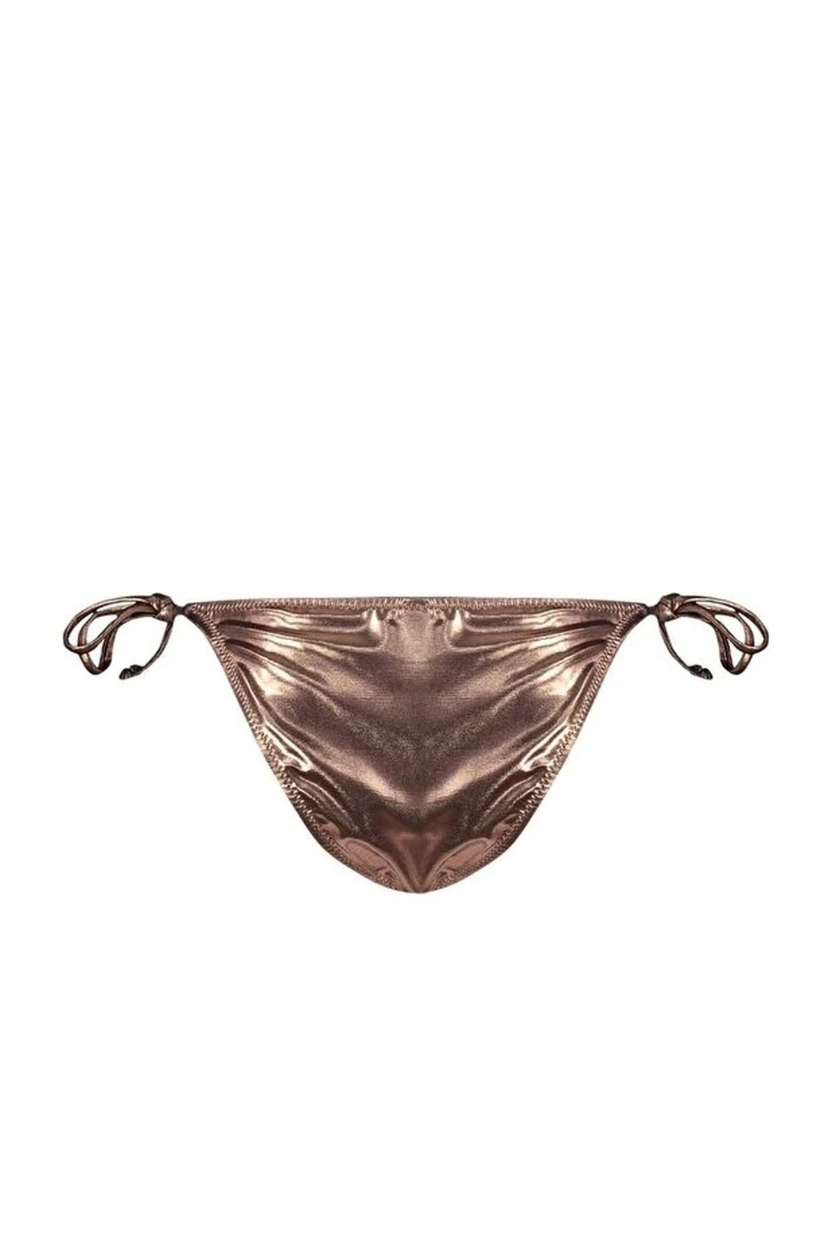 Bronze WOVCOR Bronze Metallic Finish Tie Side Low Waist Bikini Bottom with Adjustable Fit, Image 3 of 5