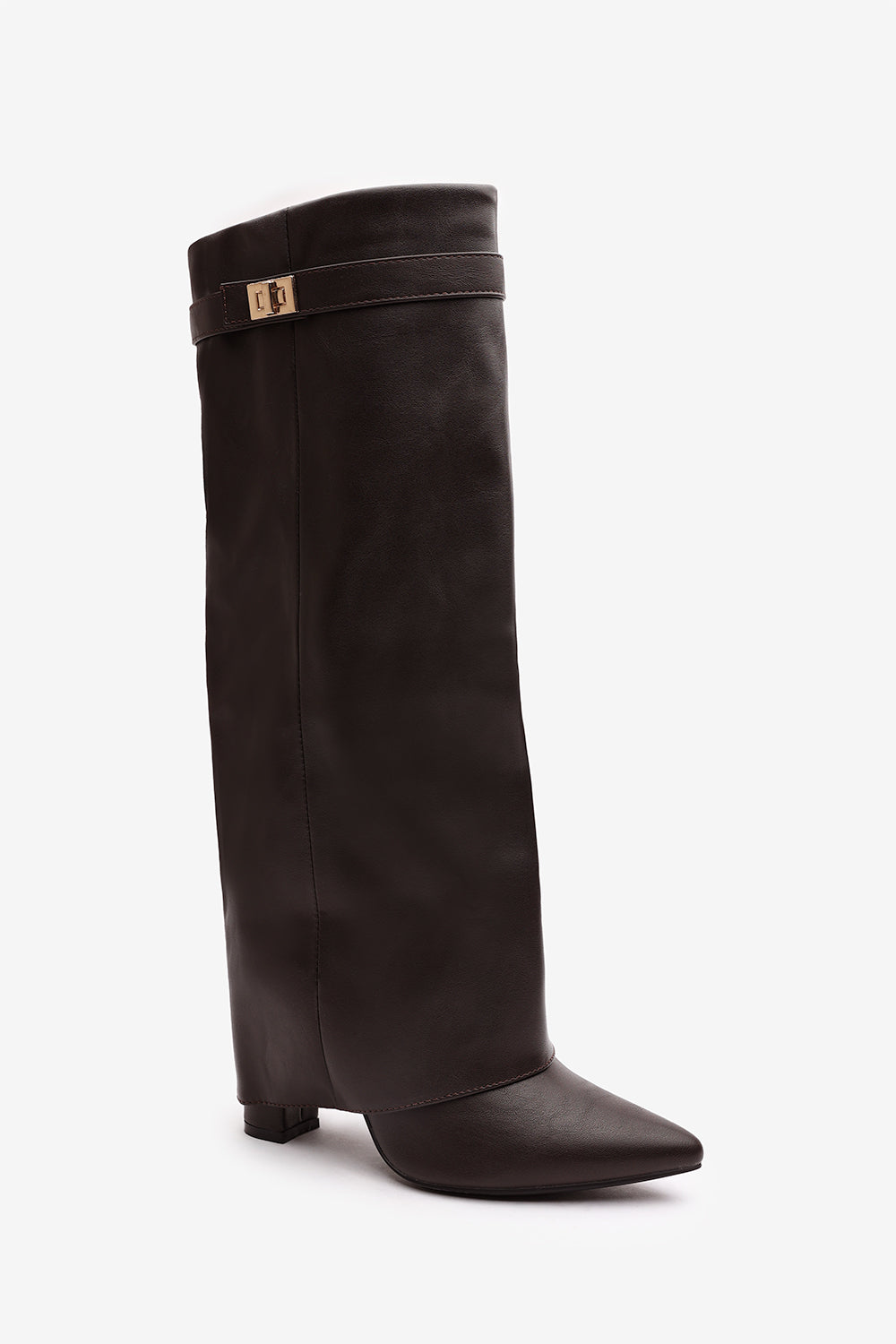 Dark Brown Keira Fold Over Shark Block Heel Point Toe Boots, Image 3 of 4