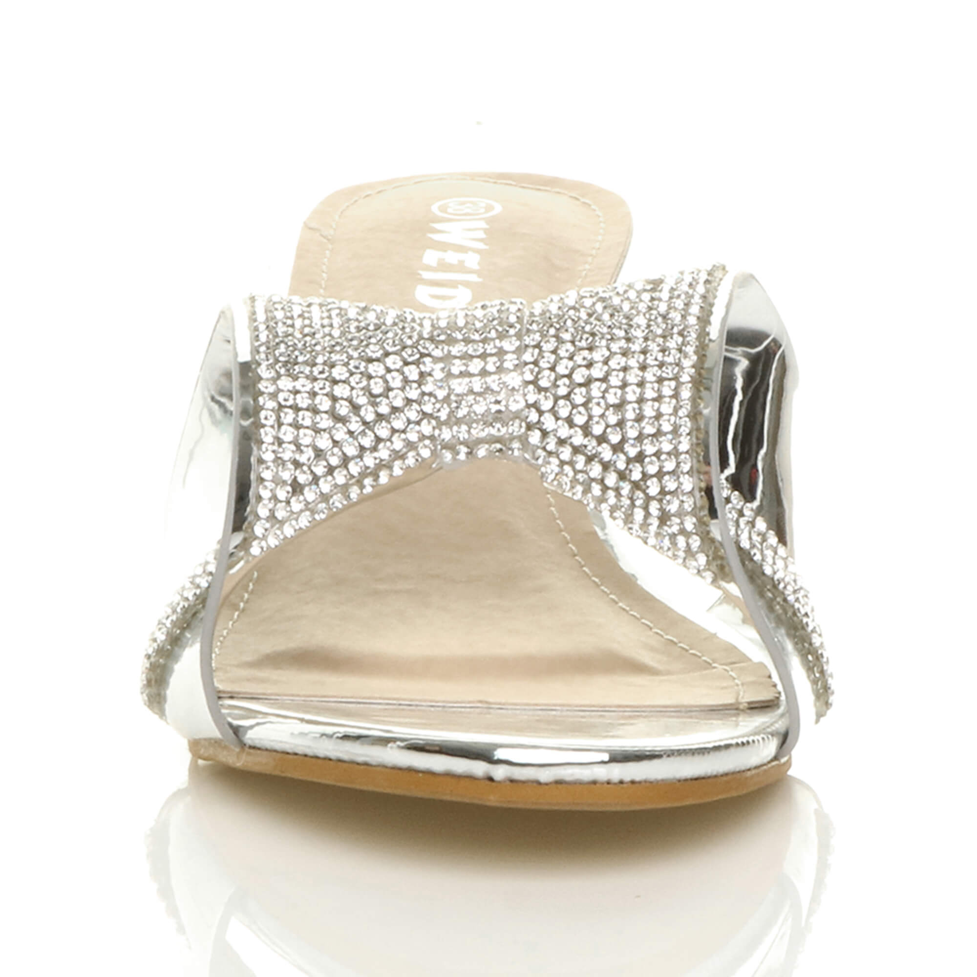 Silver Mid Block Heel Diamante Bow Mules Sandals, Image 6 of 8