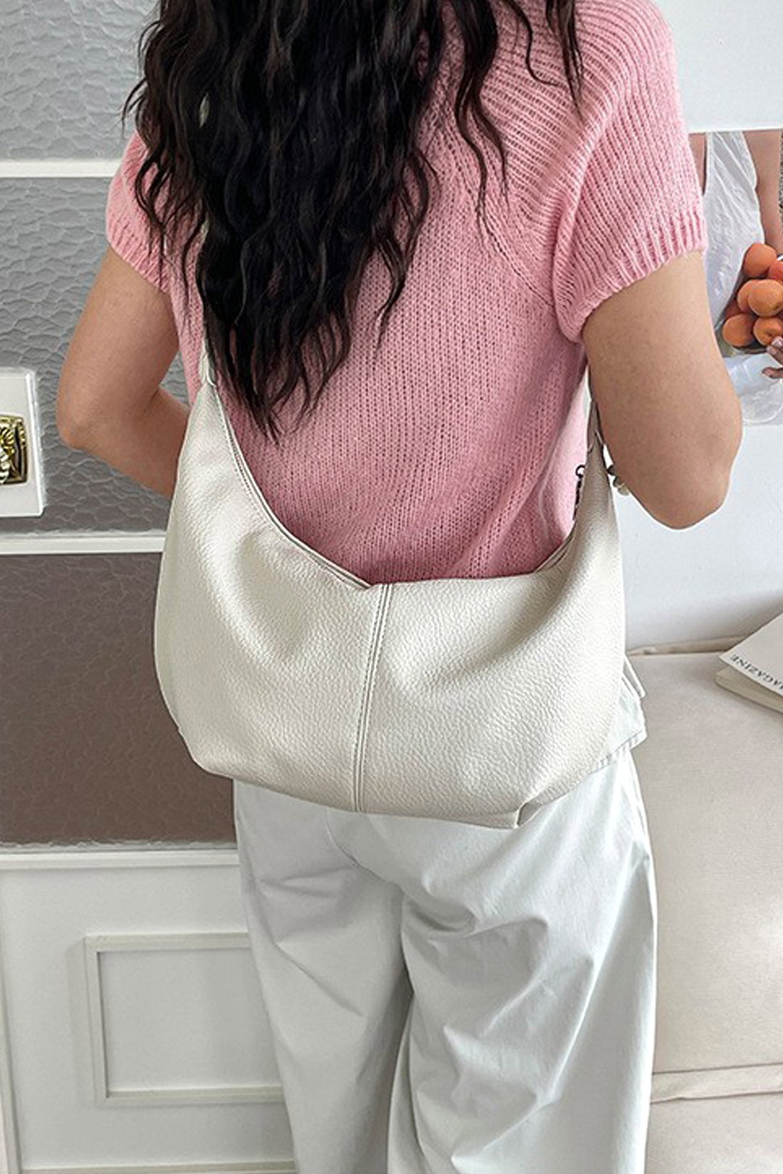 White Crescent Shoulder Bag With Flower Charm, Image 2 of 3