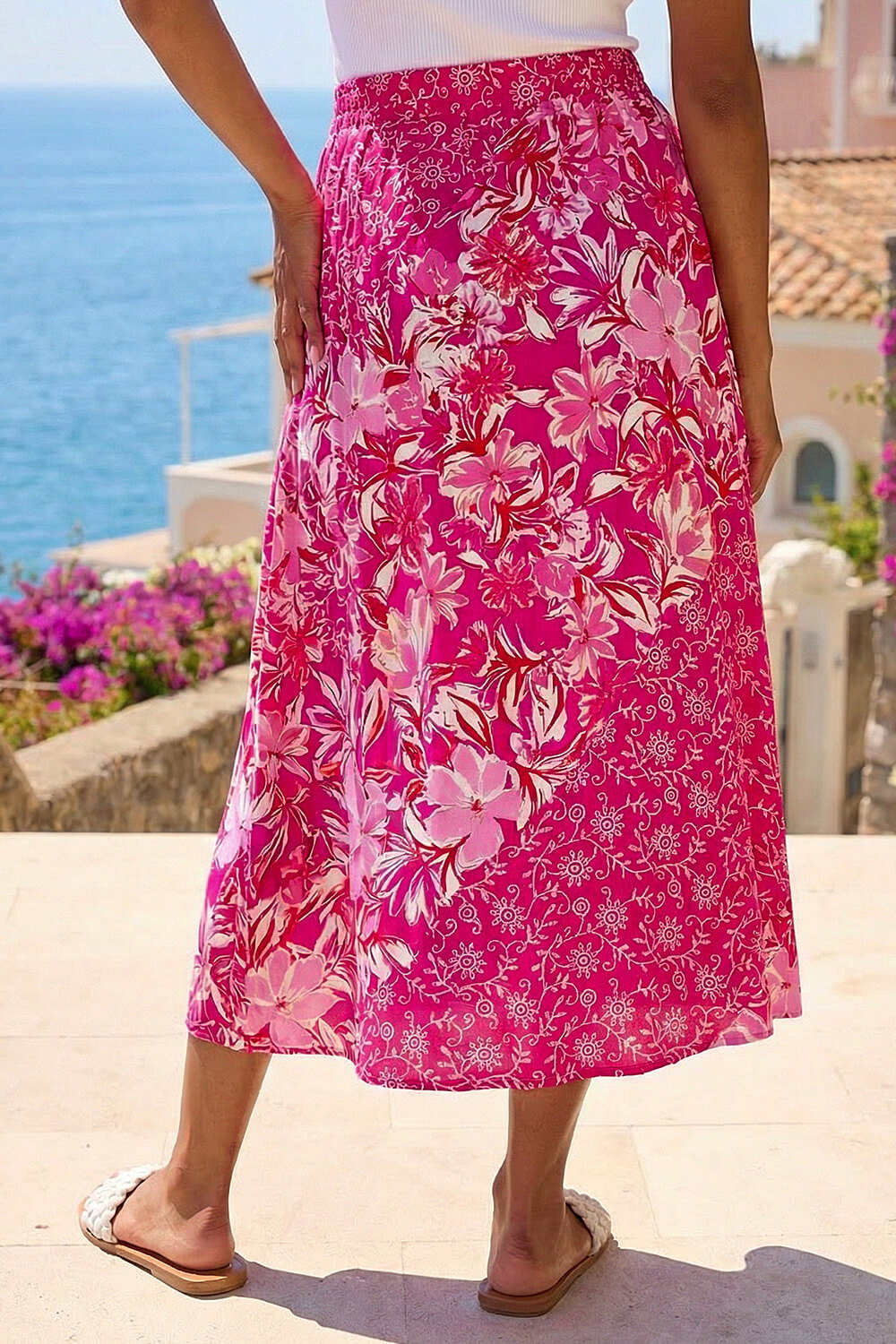 Pink Vivid Multi Floral Print A-Line Skirt, Image 4 of 4