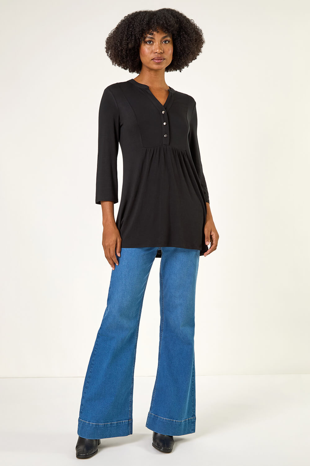 Black V-Neck Button Detail Tunic Top, Image 3 of 5