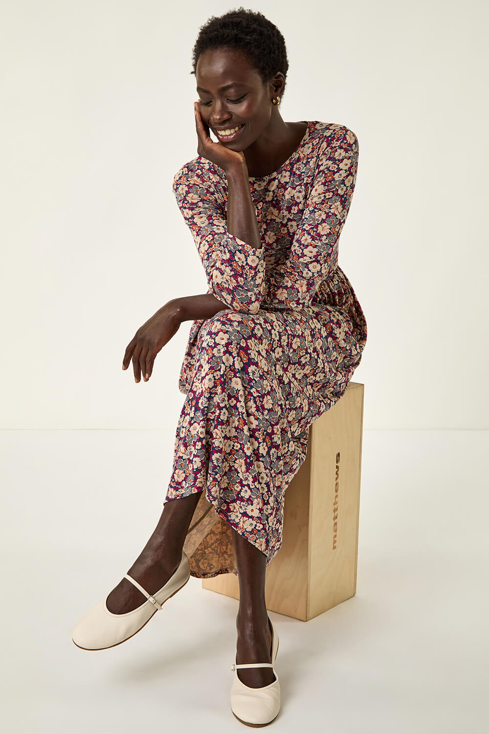 Stone Multi Floral Gathered Midi Dress, Image 1 of 5
