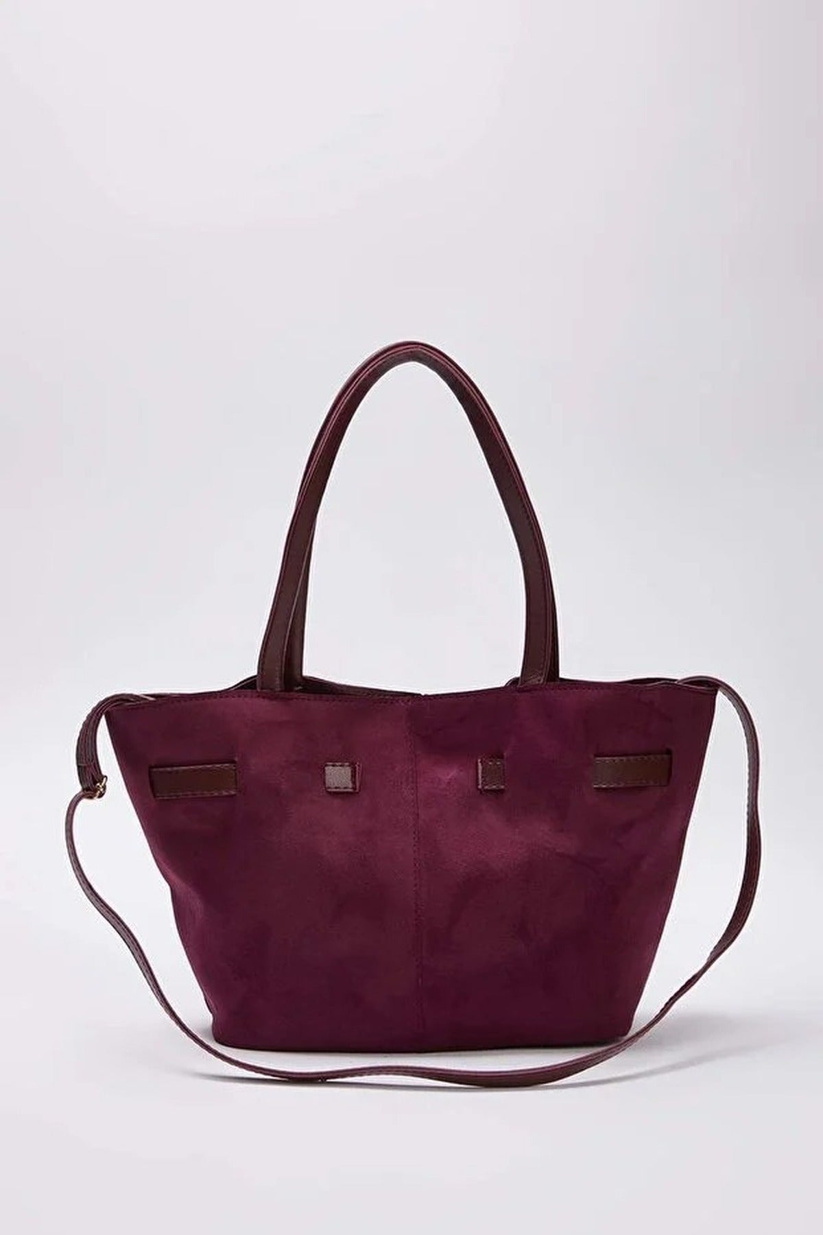 Plum Suede Tote With Soft Handle And Cross-Body Strap, Image 4 of 4