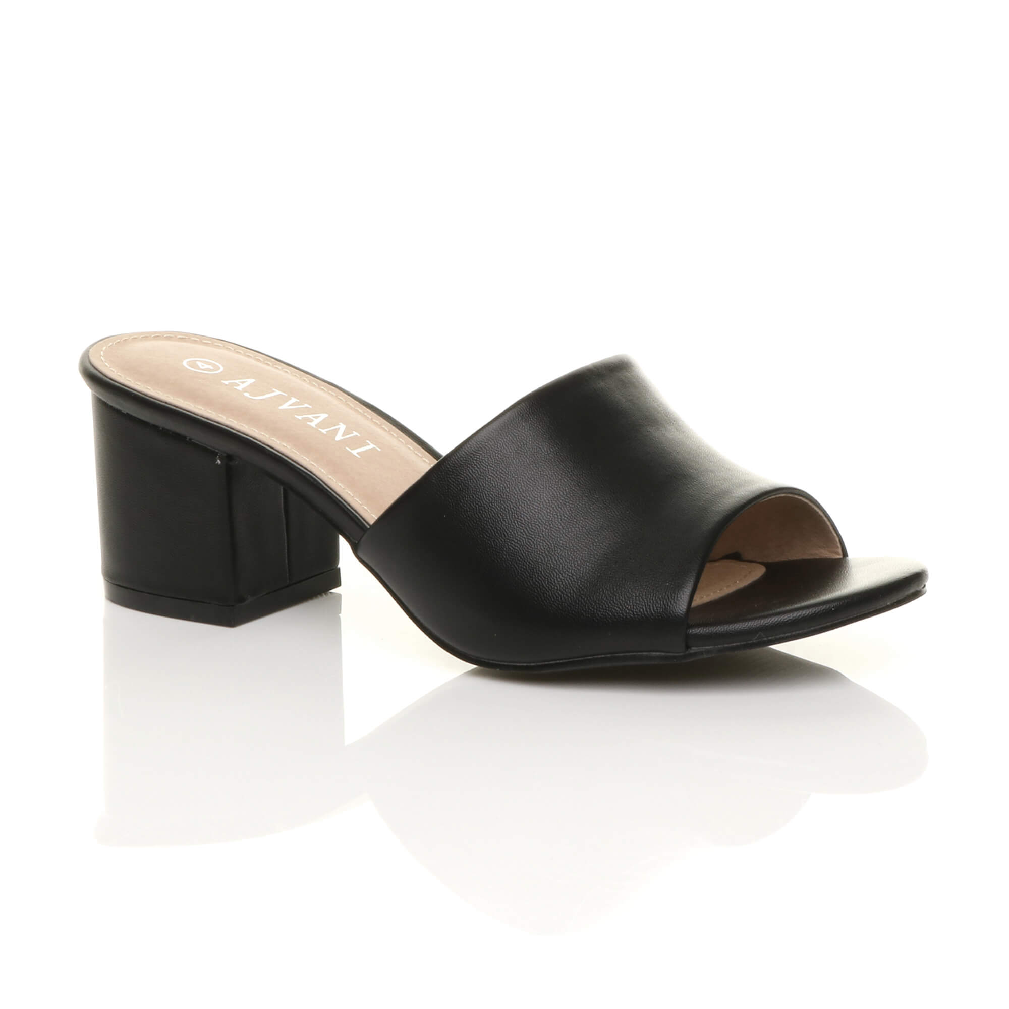 Black Mid Block Heel Peep Toe Mules Sandals
