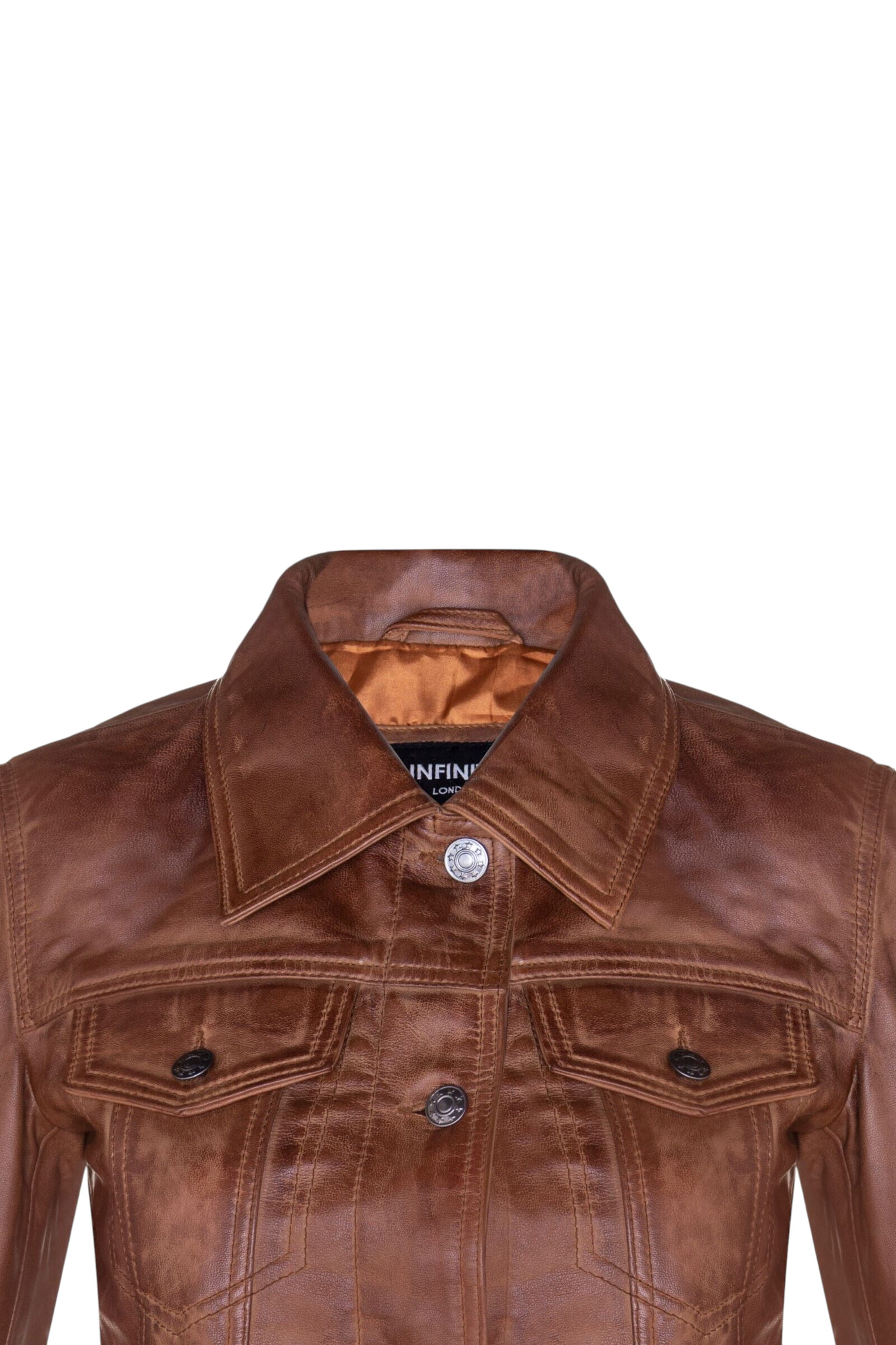 Tan Womens Leather Trucker Jacket-Andery, Image 4 of 4