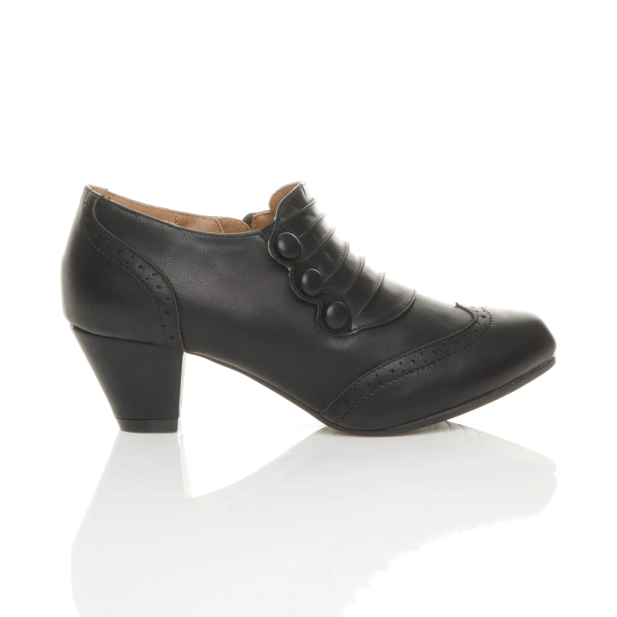 Black AJVANI Black Mid Heel Brogue Button Ankle Boots Shoe Boots, Image 2 of 6