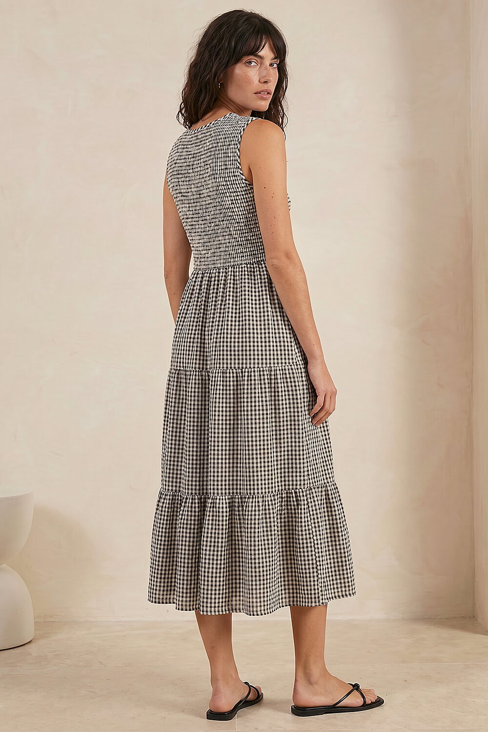 Black Gingham Shirred Midi Dress, Image 4 of 4