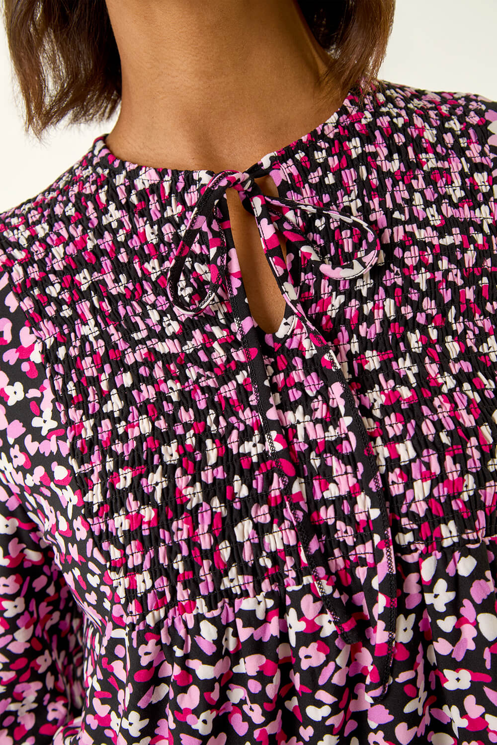 PINK Printed Shirred Tie Neck Top, Image 6 of 5