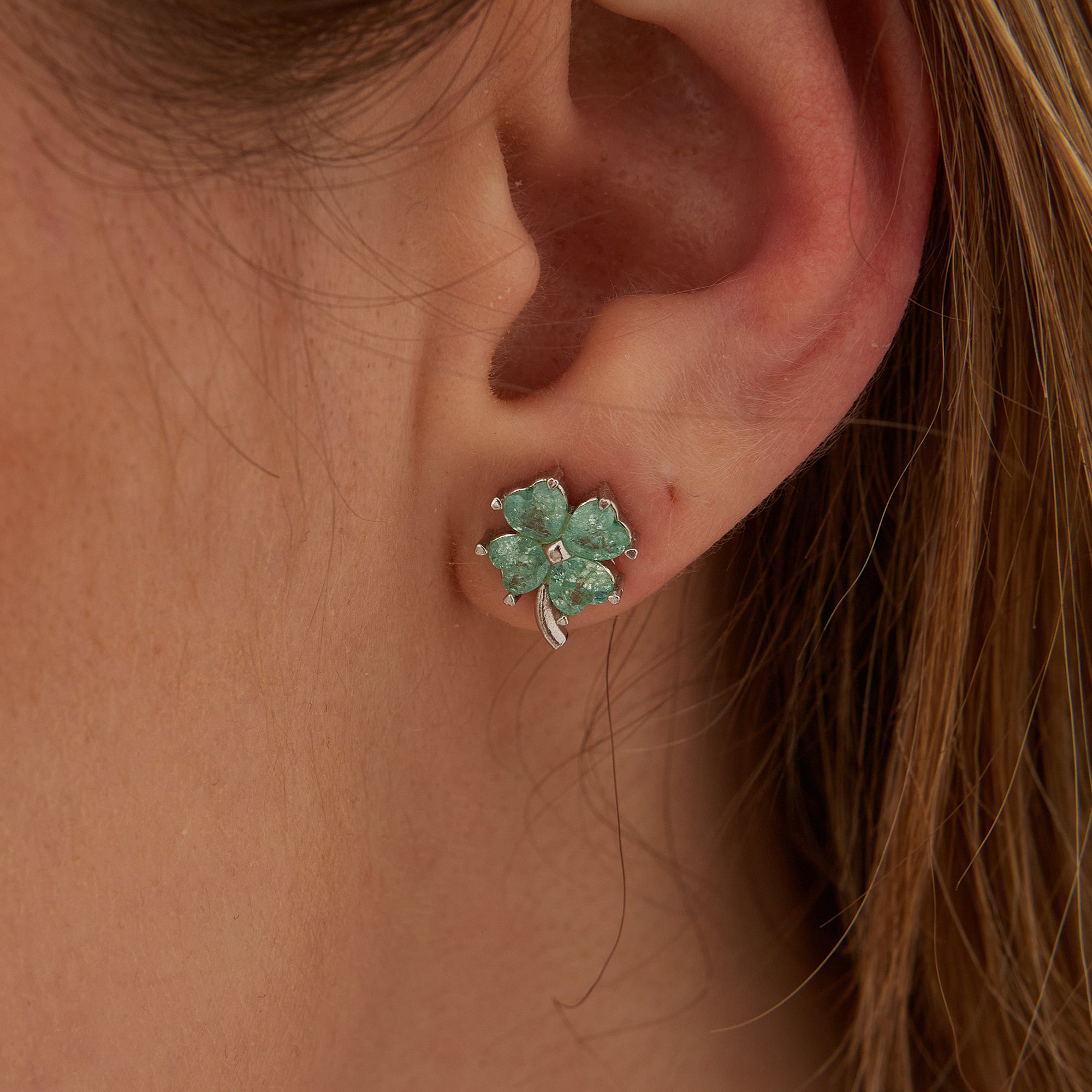 Green Four Leaf Clover Sterling Silver Stud Earrings, Image 2 of 4