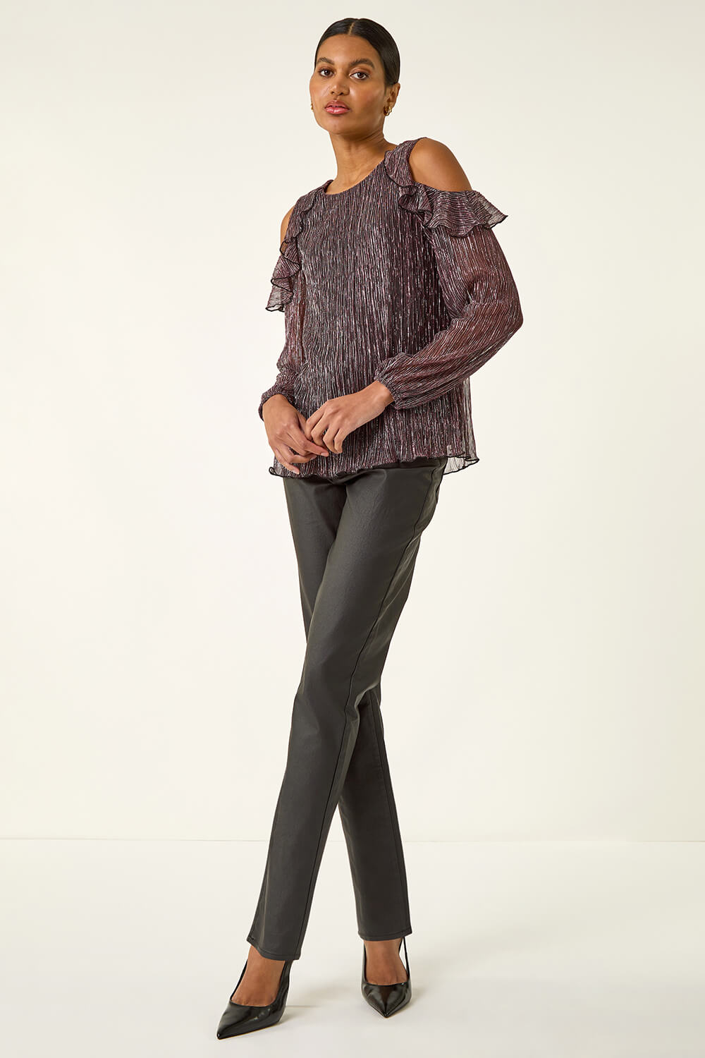 Pink Shimmer Cold Shoulder Plisse Top, Image 4 of 6