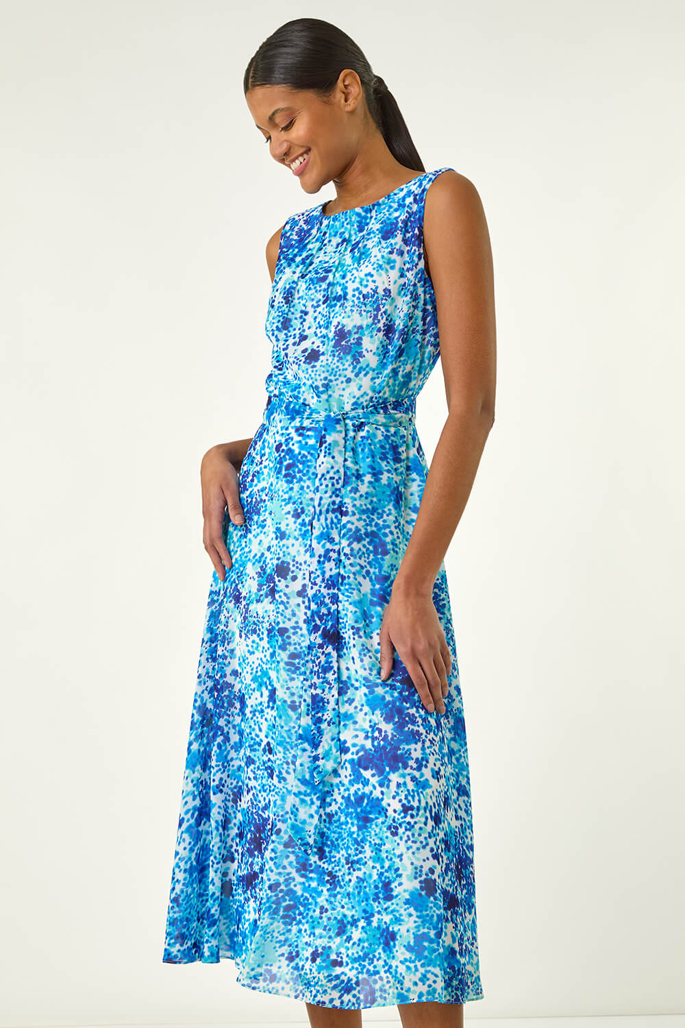 Blue Spot Print Pleated Chiffon Dress, Image 1 of 5