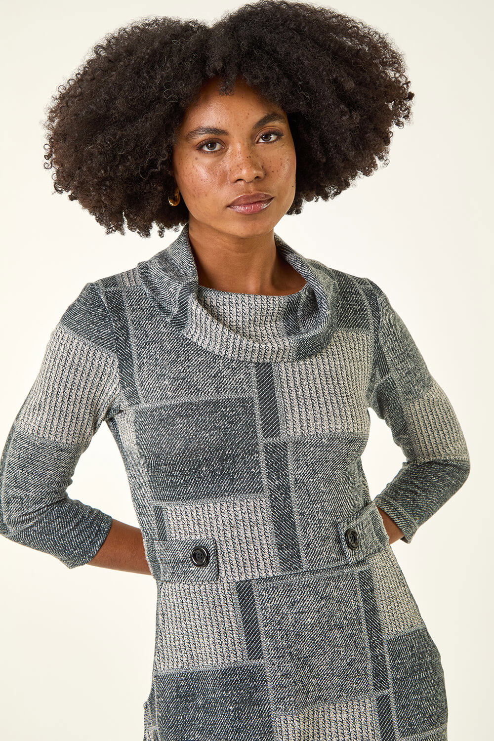 Grey Patchwork Cowl Neck Button Detail Dress, Image 5 of 5