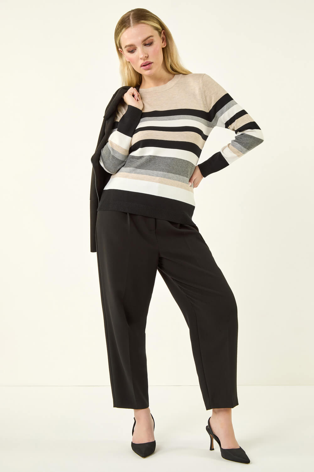 Stone Petite Stripe Round Neck Jumper, Image 3 of 5
