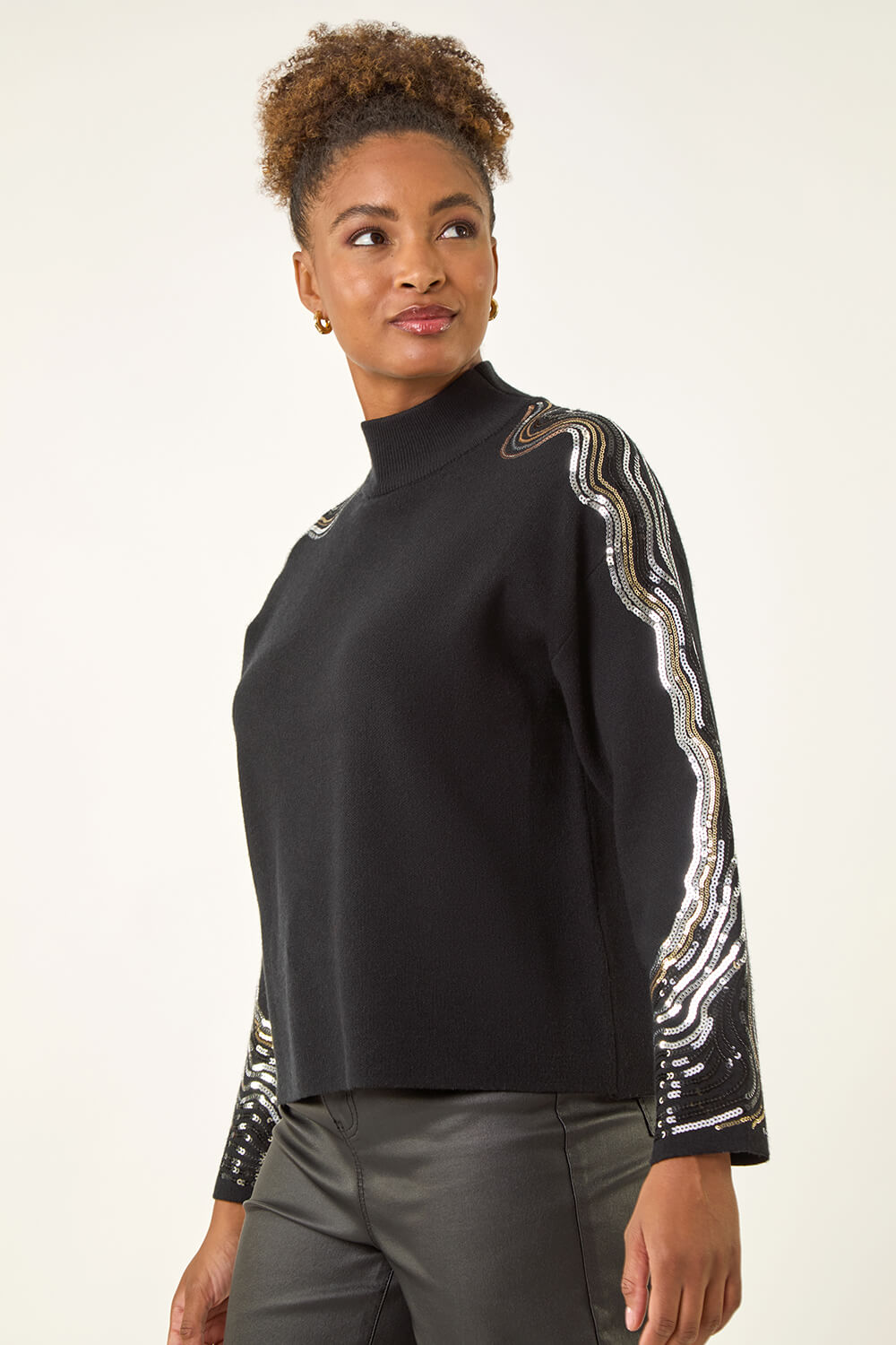 Black Wave Sleeve Knit Jumper, Image 1 of 5
