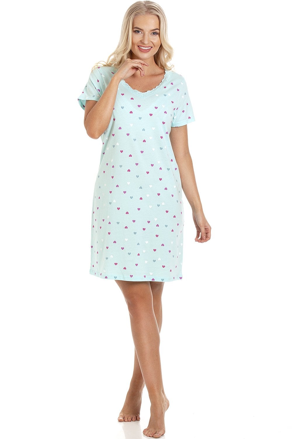 Aqua Multicoloured Heart Print Cotton Nightshirt, Image 1 of 5