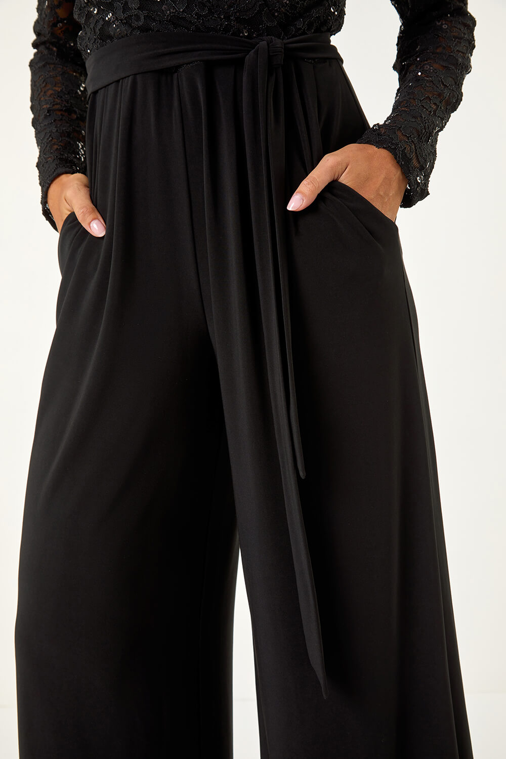 Black Sequin Lace V-Neck Stretch Jumpsuit, Image 6 of 5