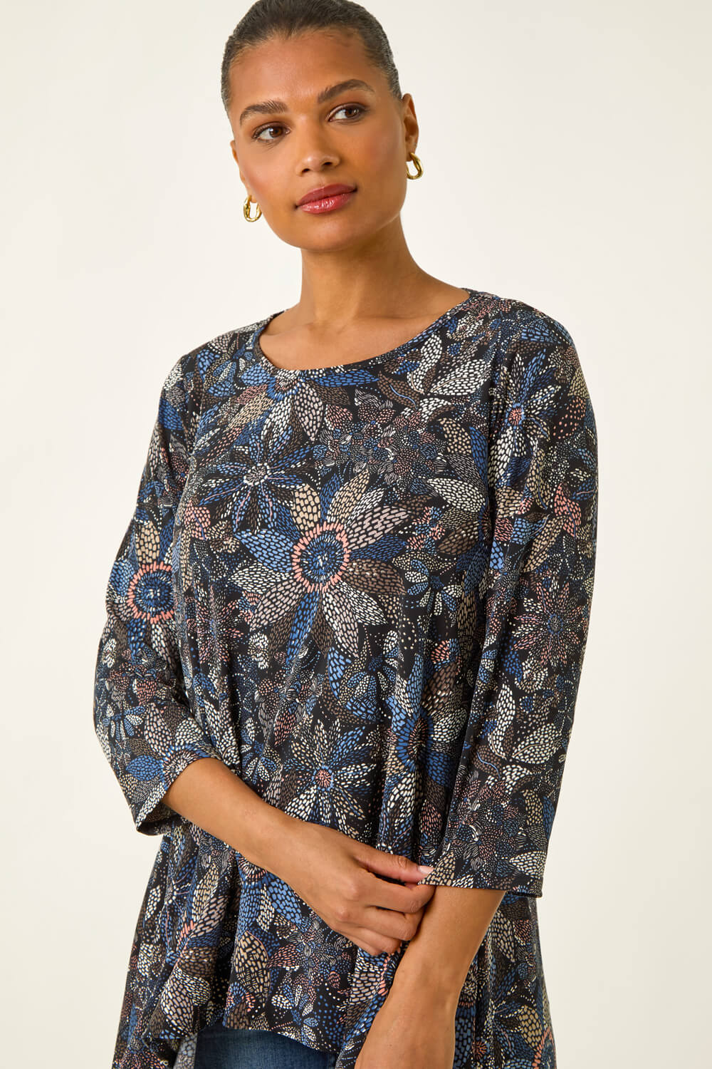 Roman Women's Blue Floral Puff Print Stretch Tunic Size 12