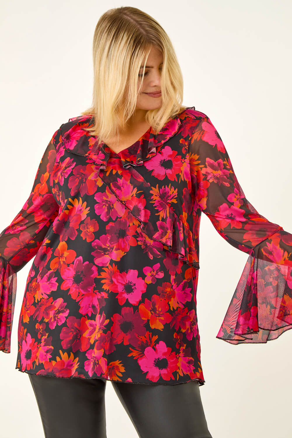 MAGENTA Curve Floral Ruffle Mesh Top, Image 3 of 5