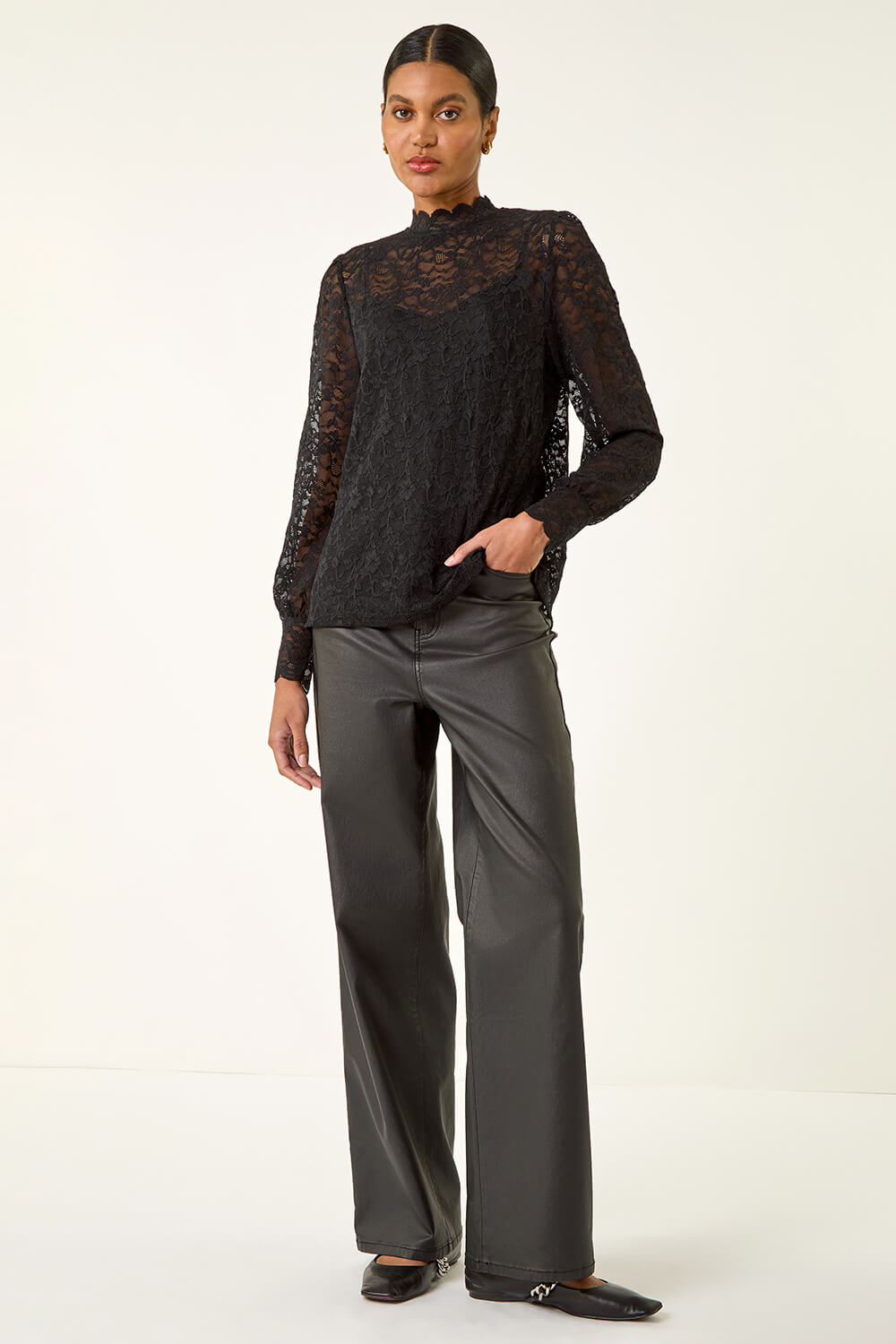 Black Lace Frill High Neck Stretch Top | Roman UK