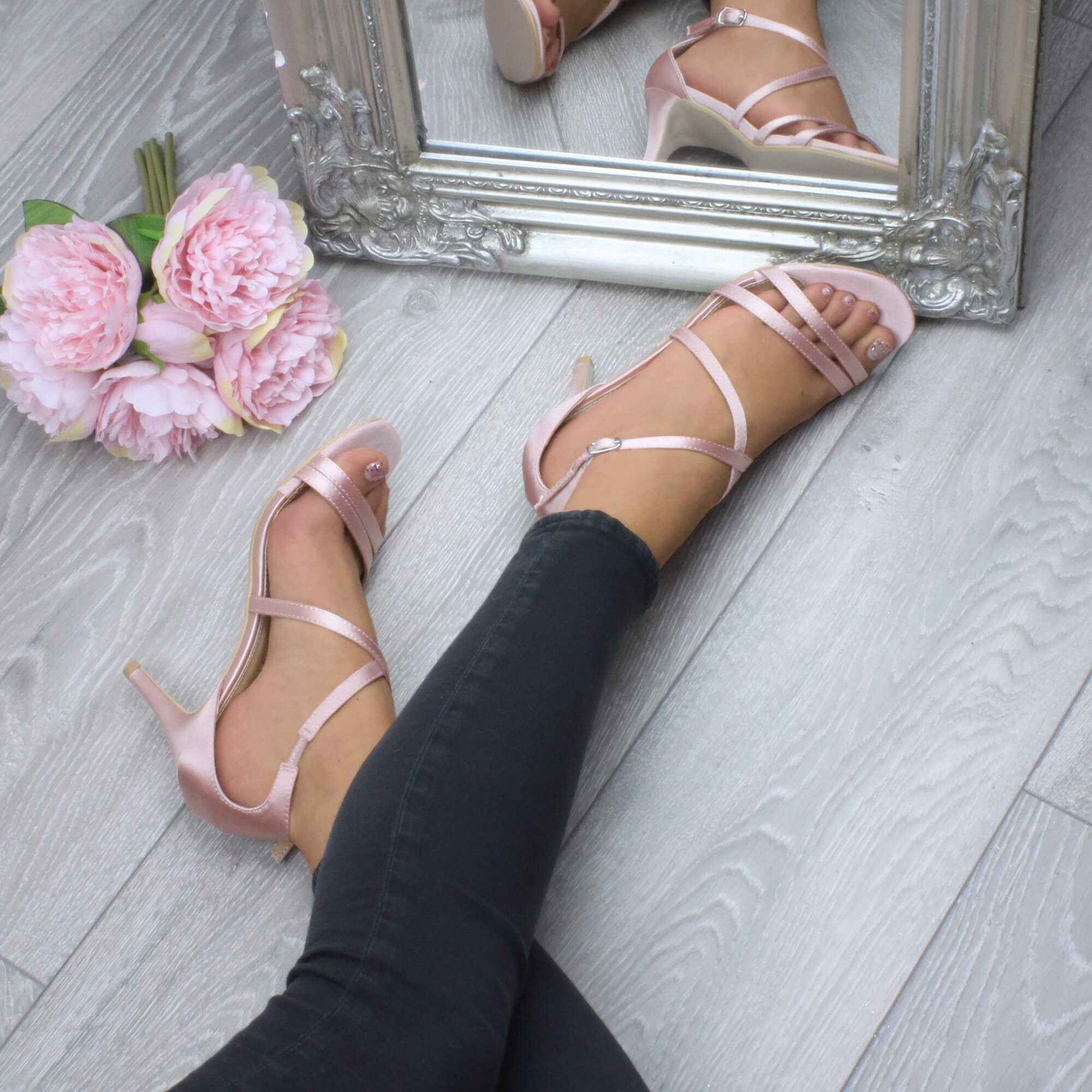 Light Pink AJVANI Light Pink Mid Heel Crossed Straps Wedding Bridal Sandals, Image 5 of 6