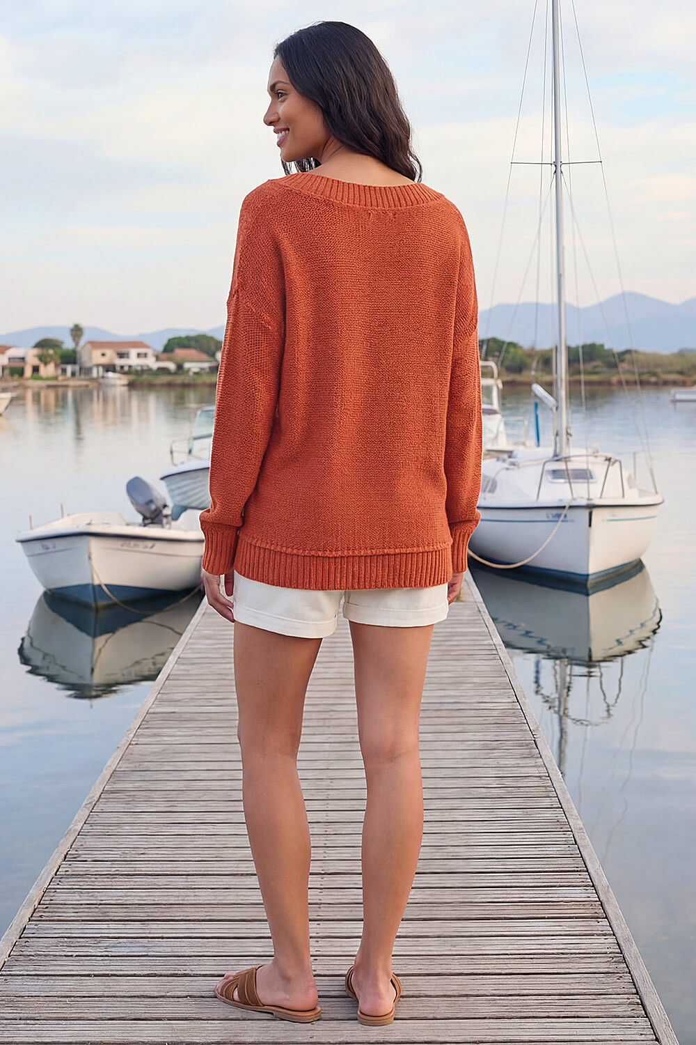 Rust Ribbed V-Neck Boyfriend Jumper, Image 4 of 4