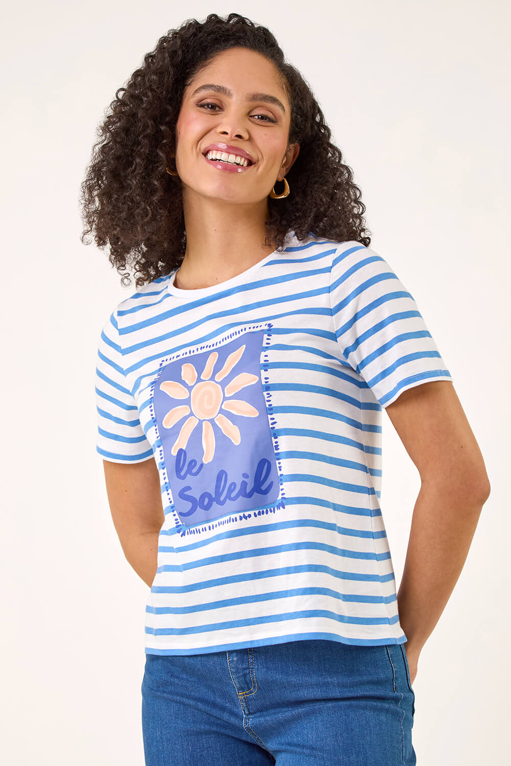 Roman Women's Blue Motif Stripe Print Cotton T-Shirt Size 12