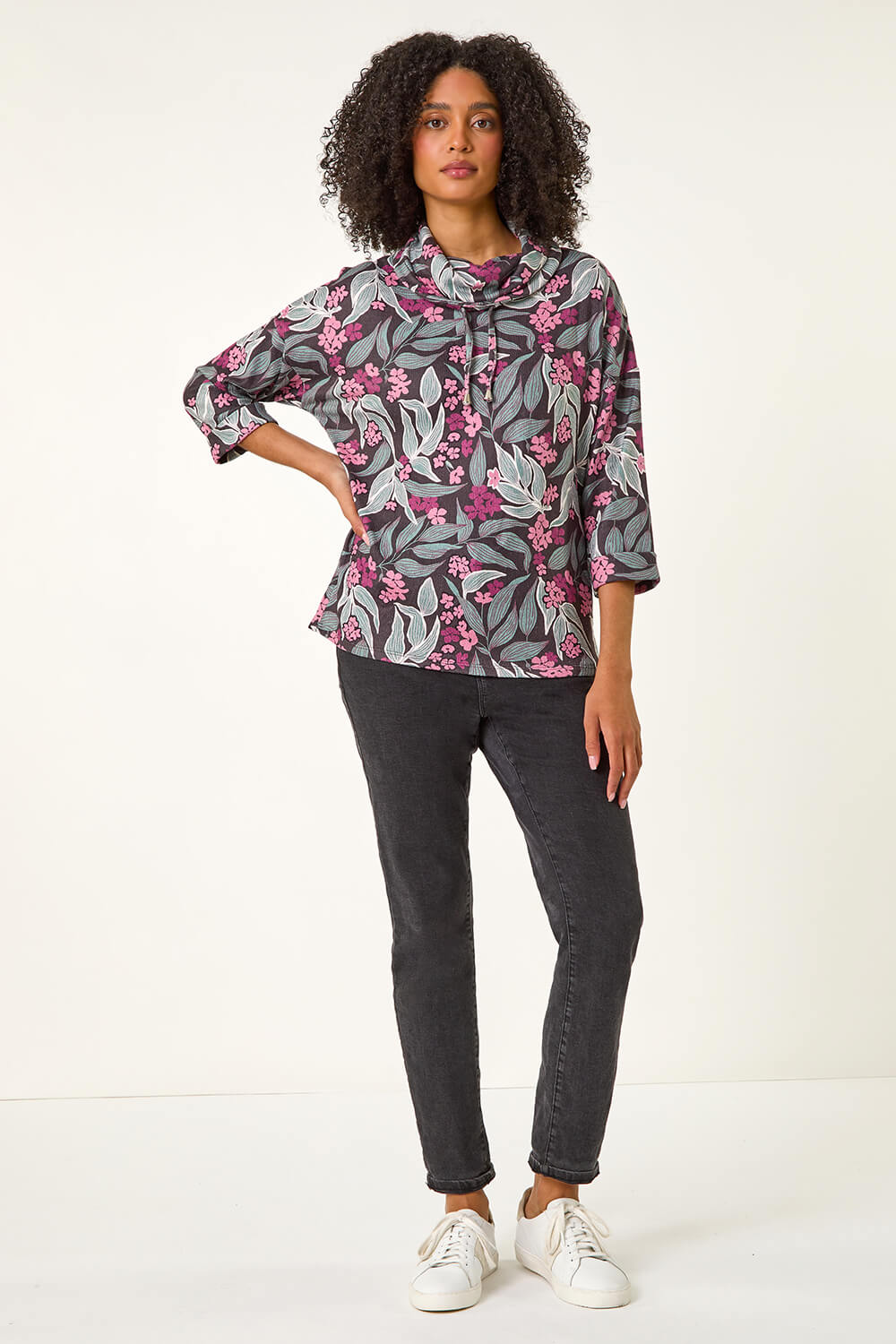 PINK Floral Printed Roll Neck Top, Image 1 of 5