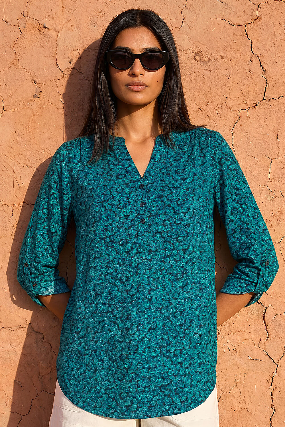 Teal Leaf Print Button Detail Shirt, Image 3 of 4