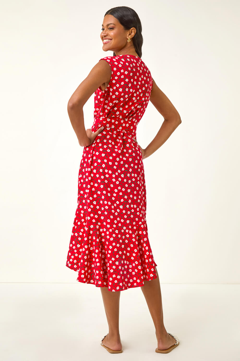 Red Floral Frill Buttoned Dress, Image 4 of 5