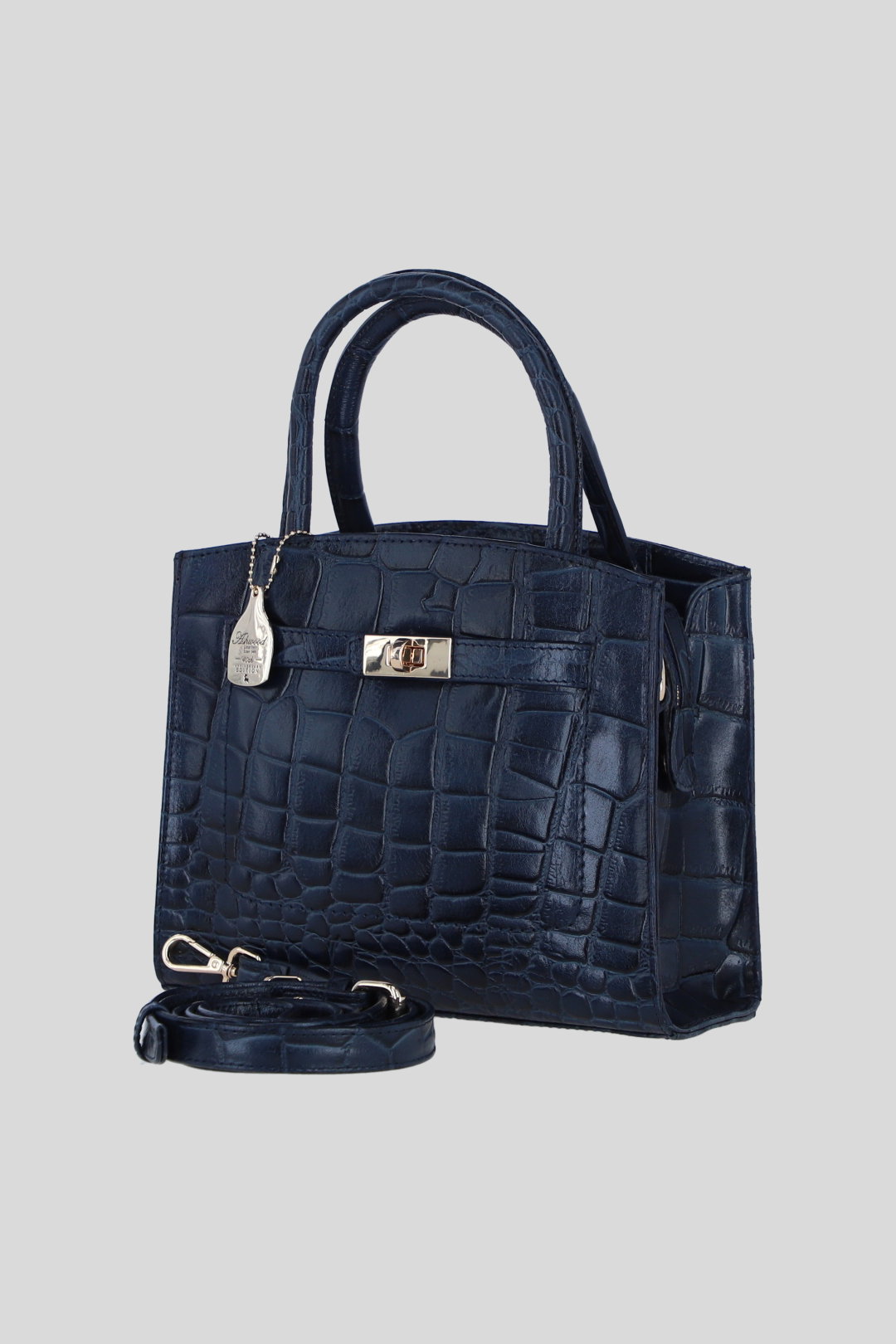 Navy Genuine Leather Structured Handbag with Detachable Crossbody Strap, Image 2 of 4
