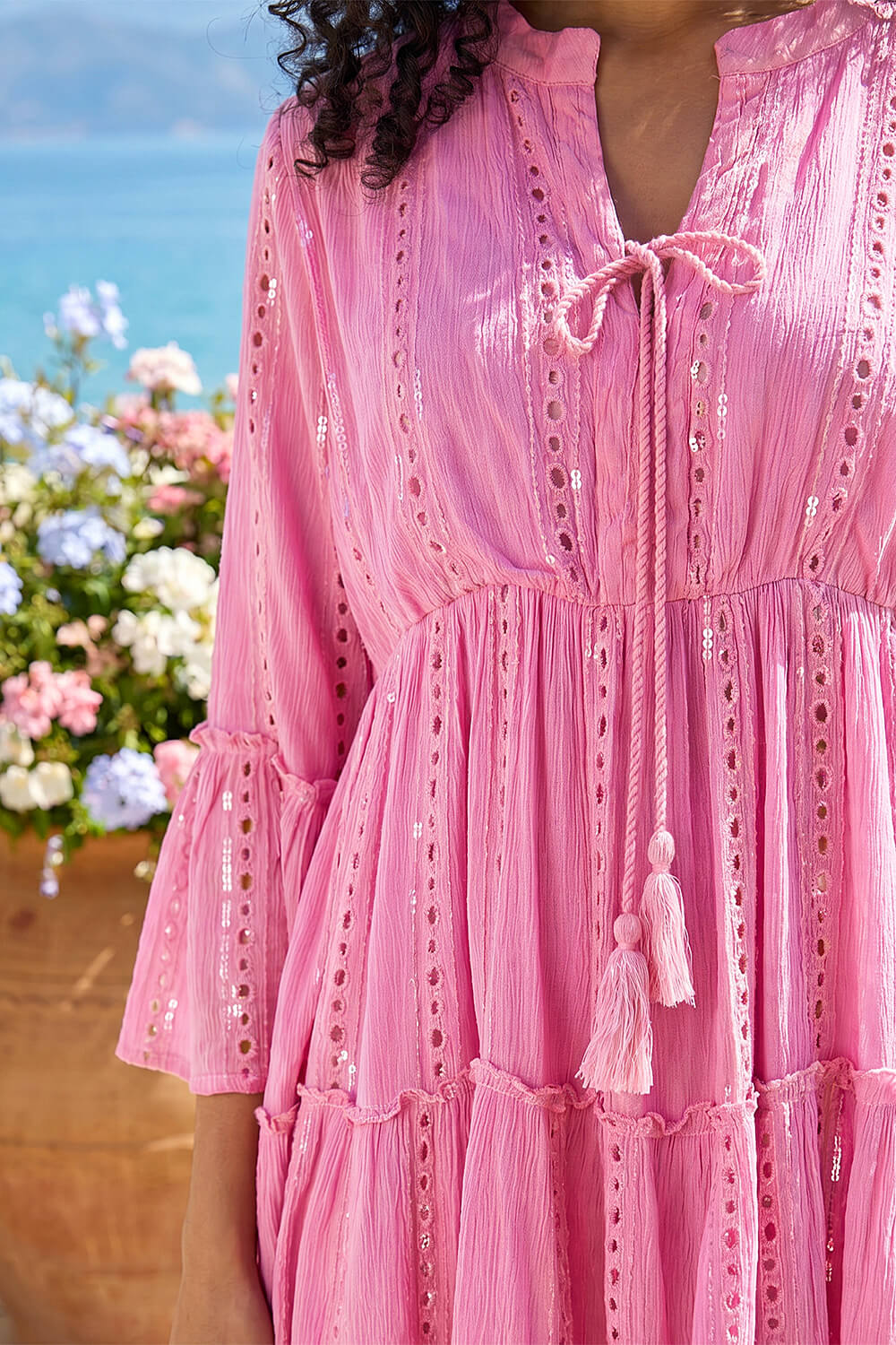 Light Pink Shimmer Tie Detail Smock Dress, Image 5 of 4