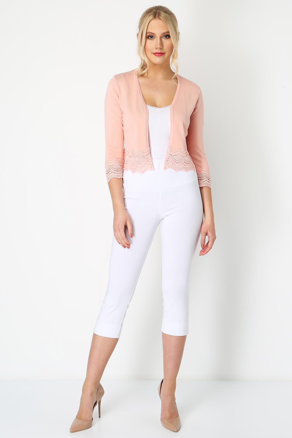 Peach Lace Trim Cropped Shrug, Image 3 of 5