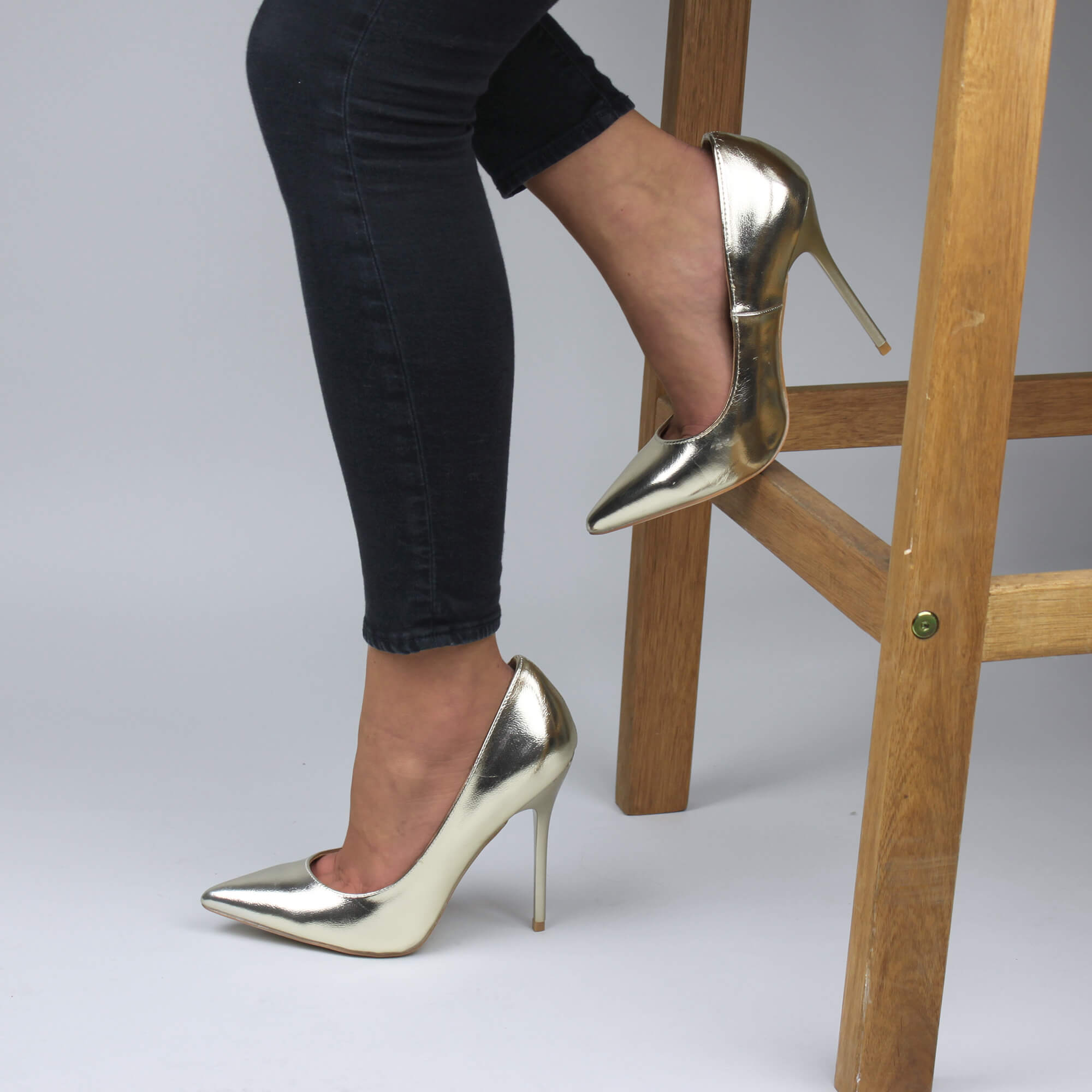 Gold High Heel Stiletto Pointed Toe Court Shoes, Image 5 of 6