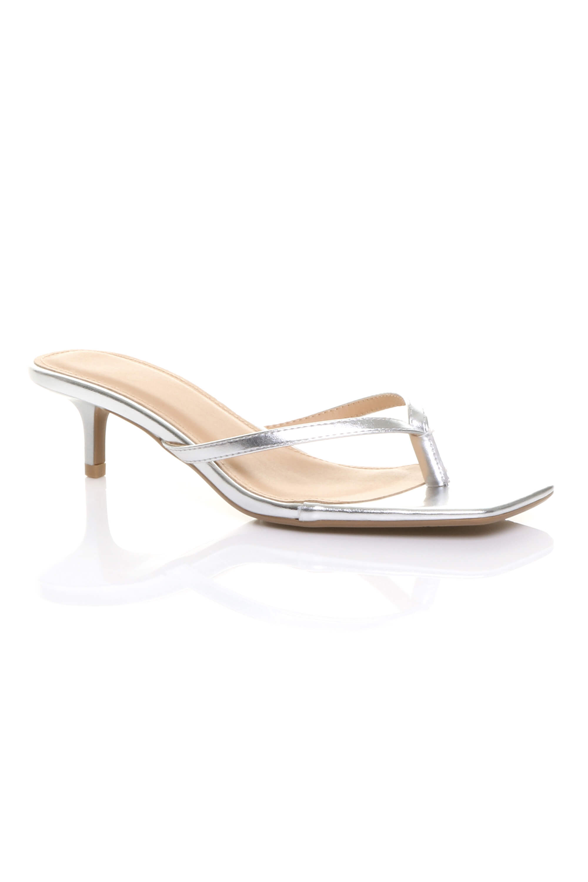 Silver AJVANI Silver Low Kitten Heel Toe Post Slip On Square Toe Sandals, Image 1 of 5