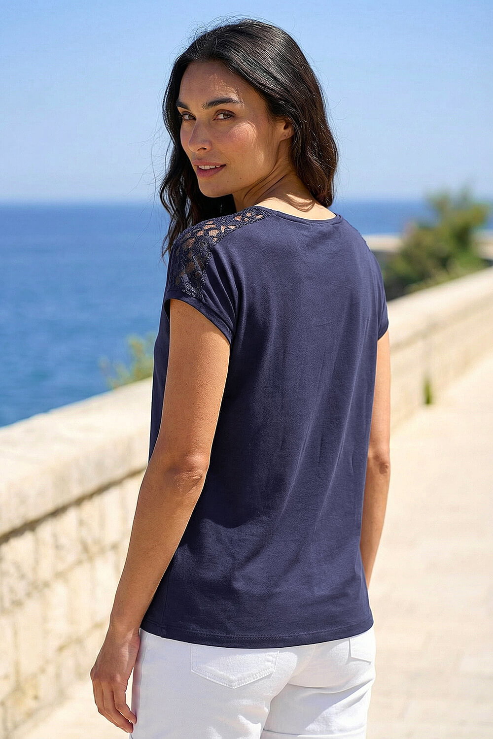 Navy Lace Panel Detail T-Shirt, Image 4 of 4