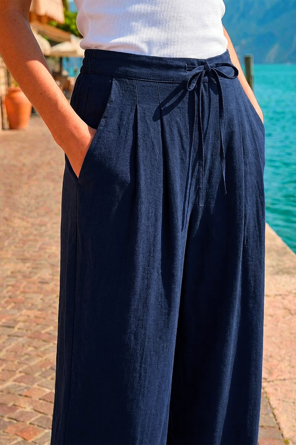 Navy Fluid Tie Waist Smart Trouser, Image 5 of 5
