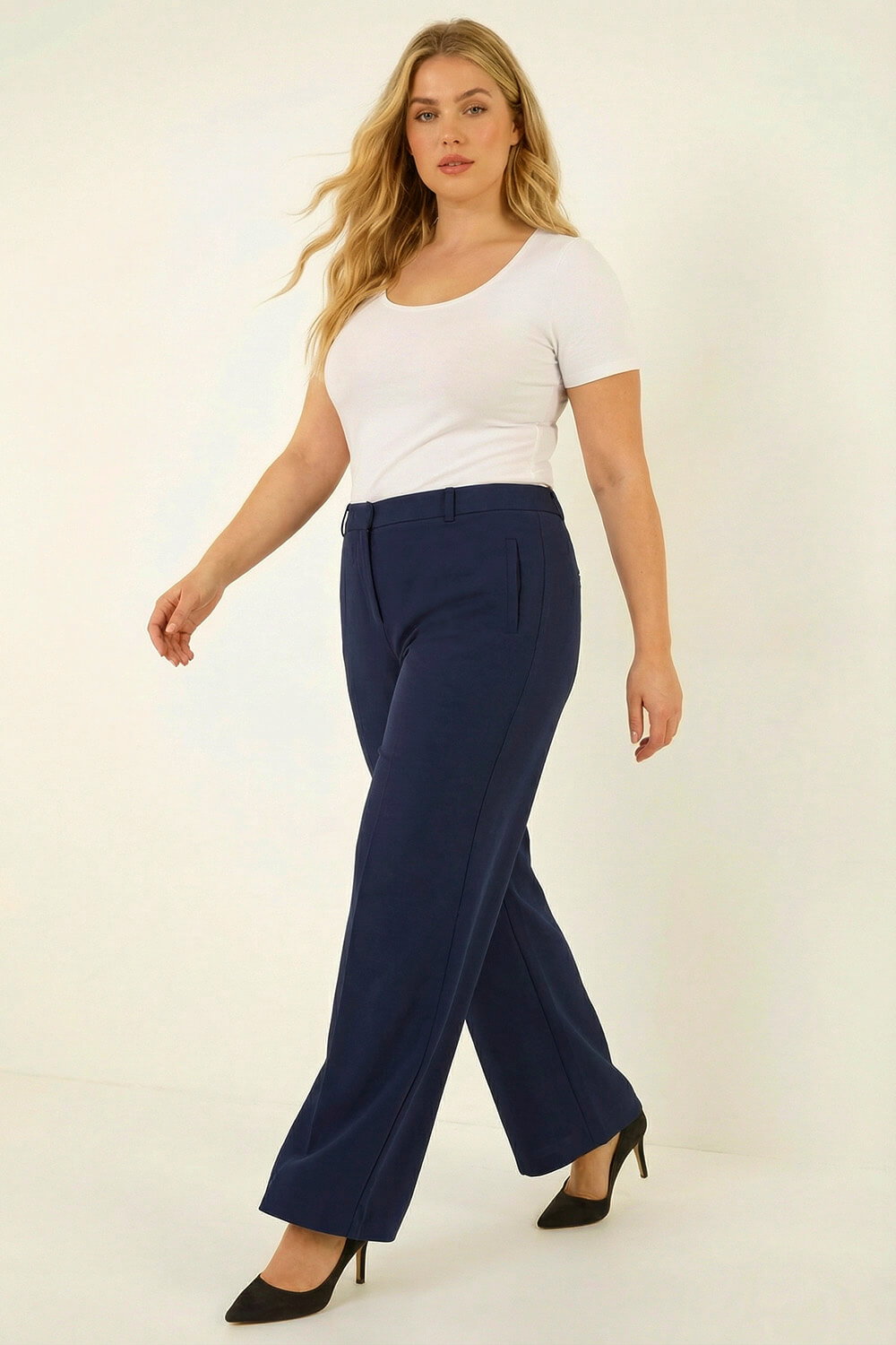 Navy Curve Tailored Wide Leg Stretch Trouser, Image 3 of 5