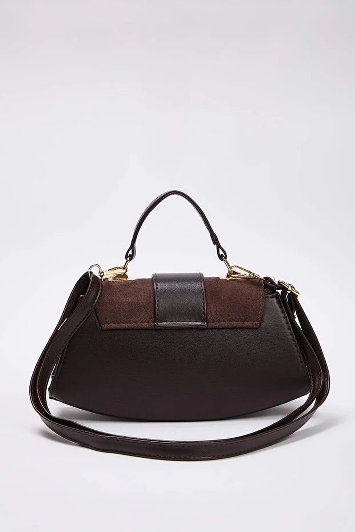 Dark Brown Women's Faux Suede Panel Mini Grab Bag with Push Lock Closure, Image 2 of 3