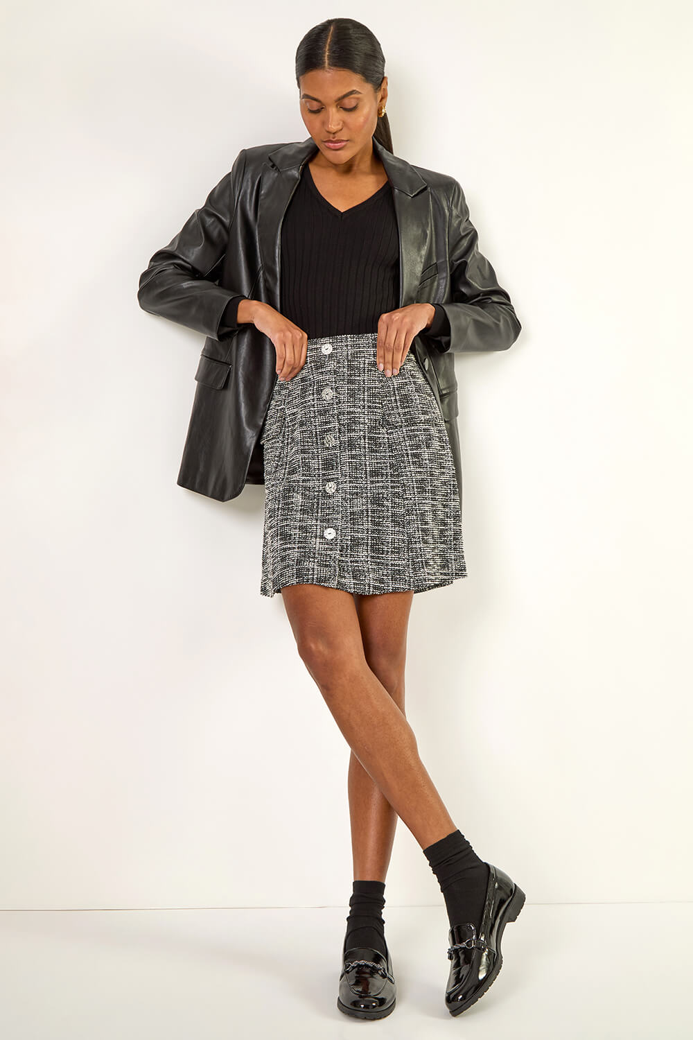 Black Buttoned Textured Skirt, Image 3 of 5